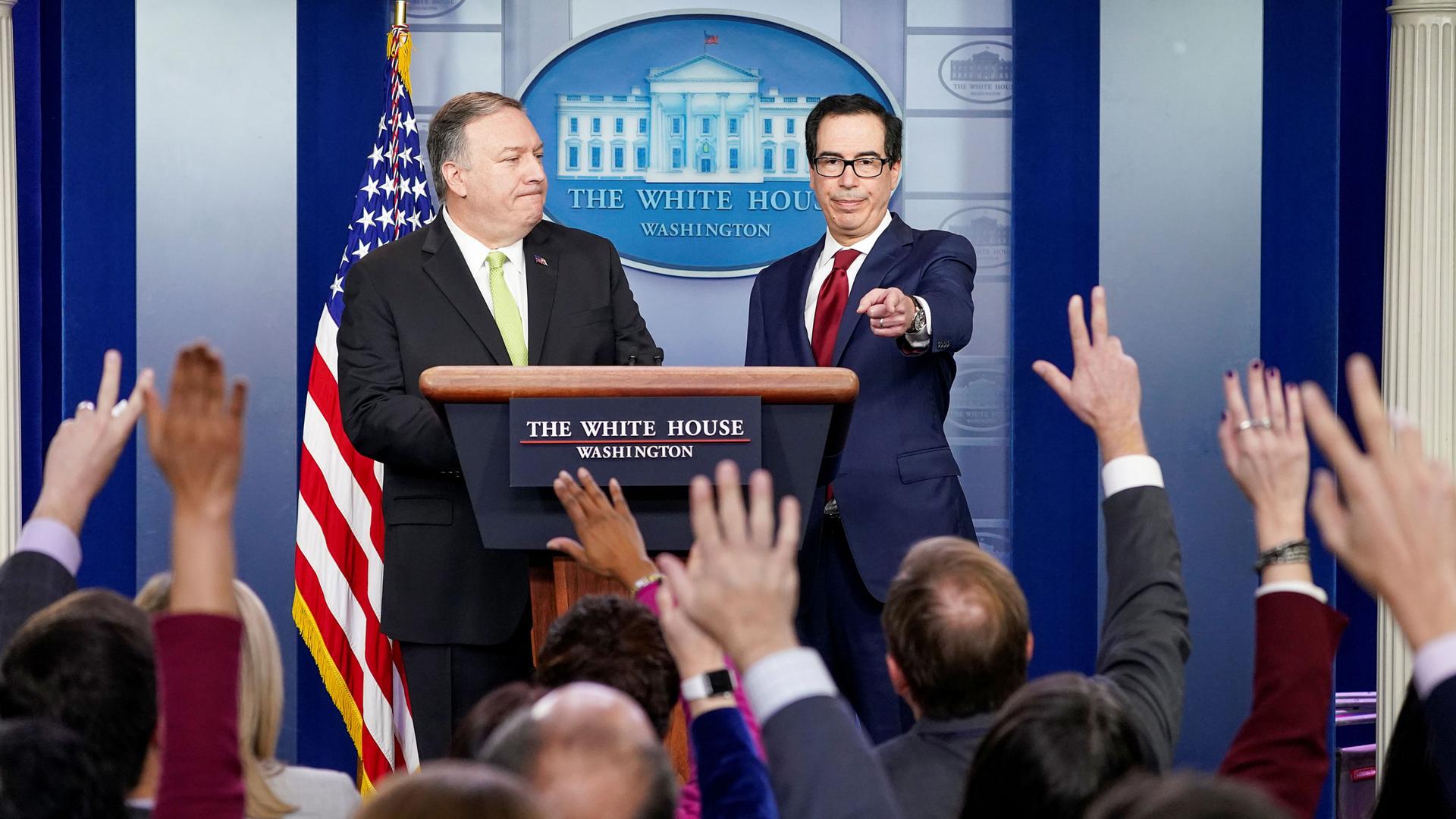 US Secretary of State Mike Pompeo and Treasury Secretary Steven Mnuchin take questions as they announce new sanctions on Iran in the Brady Press Briefing Room of the White House in Washington, DC, on Jan. 10, 2020.