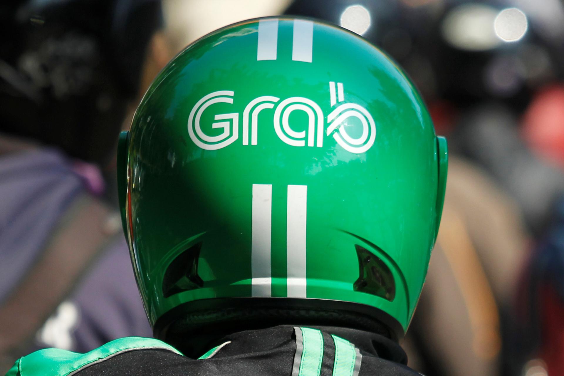 A Grab green helmet up close