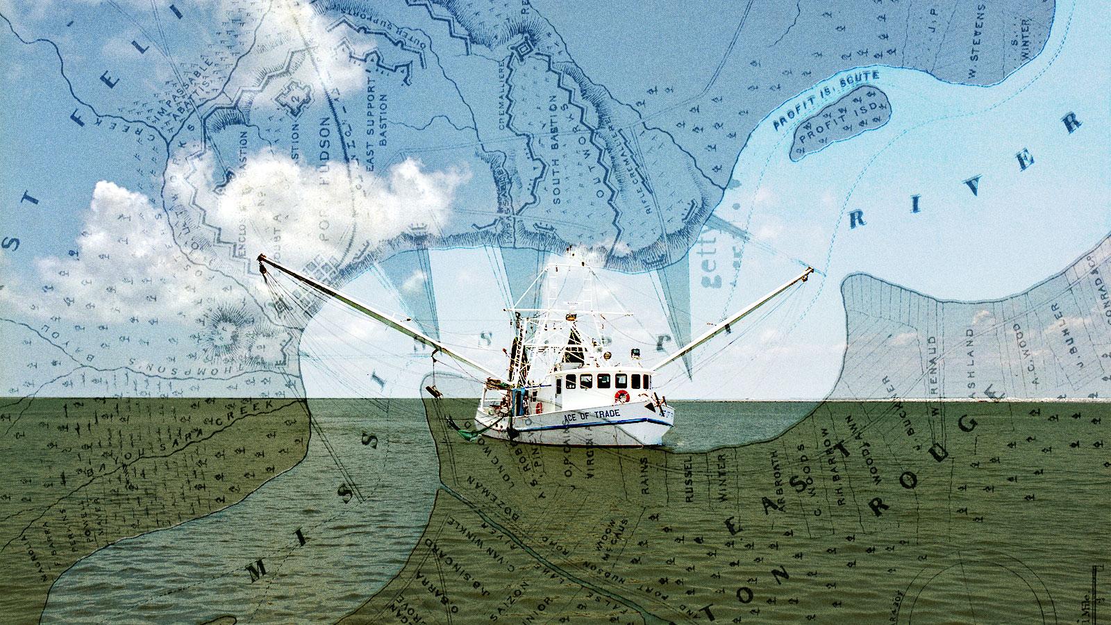 A shrimp boat is shown in a illustration that combines the boat with a map of the Mississippi Delta.