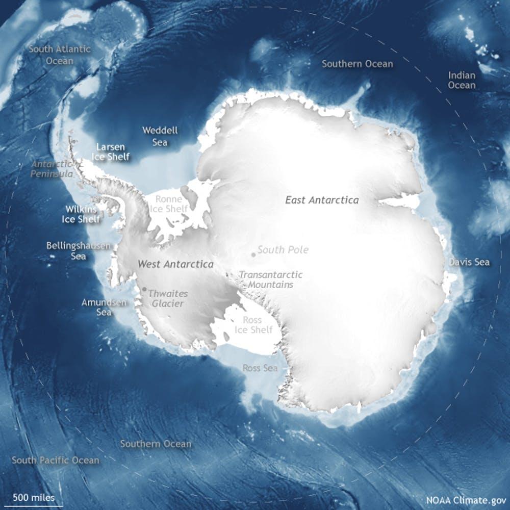 Antarctica is mostly covered by ice sheets on land and fringed by floating ice shelves. 