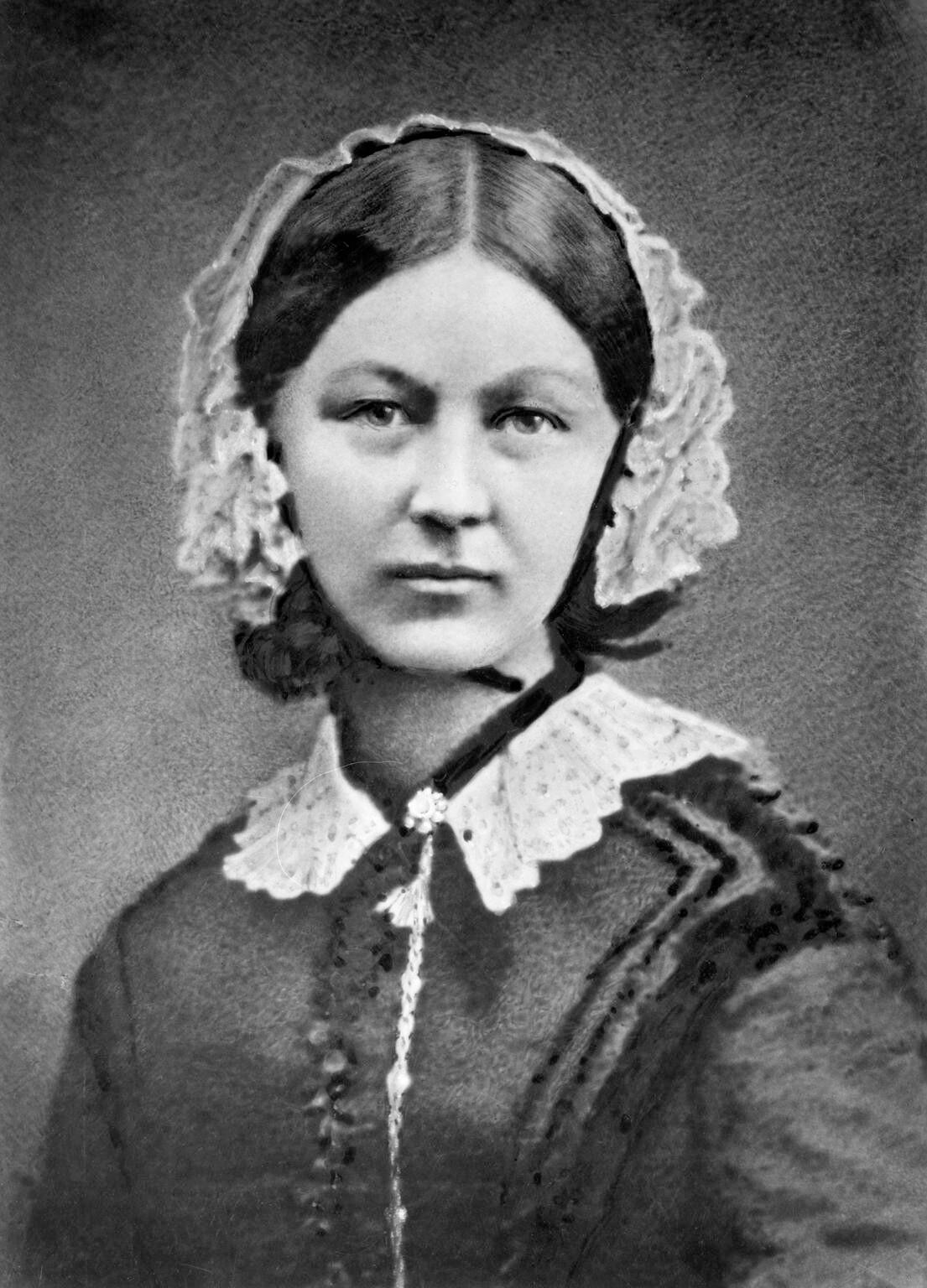 A portrait of Florence Nightingale wearing a white lace bonnet.