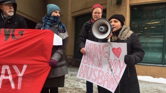 Sandra Morales speaks at Dec. 19 action in front of Member of Parliament Bardish Chagger’s office.
