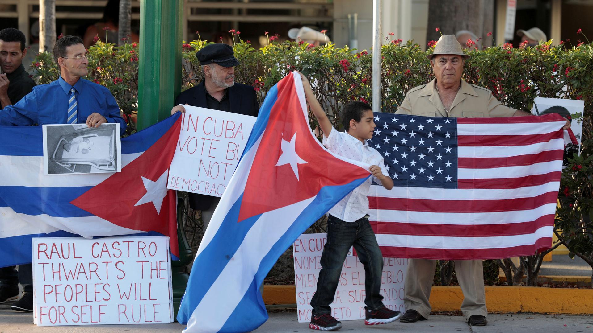 Cuban Americans protest Raul Castro leaving office as Cuba's president and Miguel Diaz Canel named as the new president, in Little Havana neighborhood in Miami, Florida