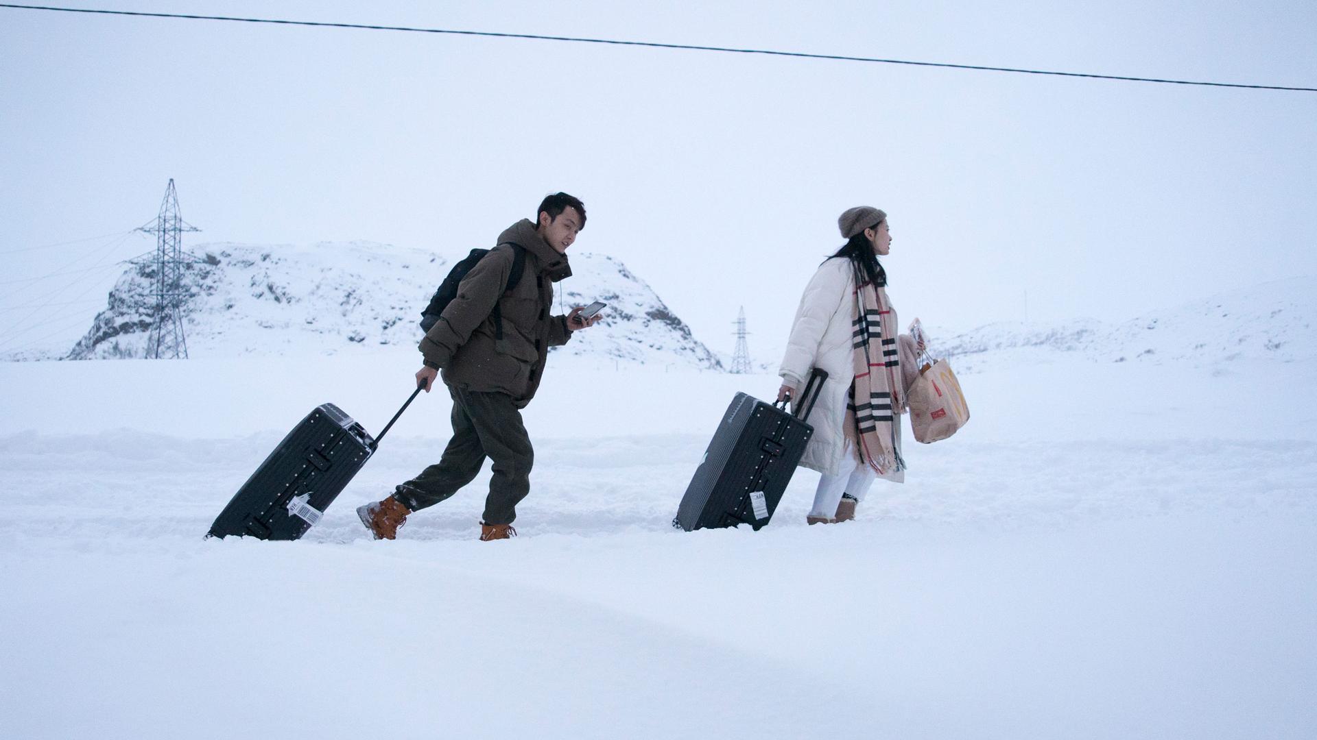 Two people are shown pulling their suitcases amongst a snowy path.