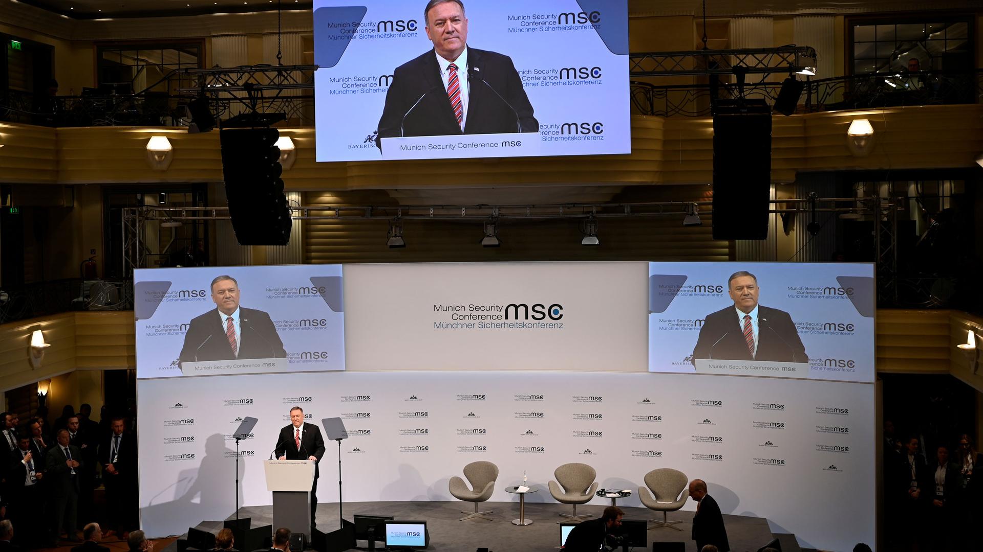 US Secretary of State Mike Pompeo speaks at a podium