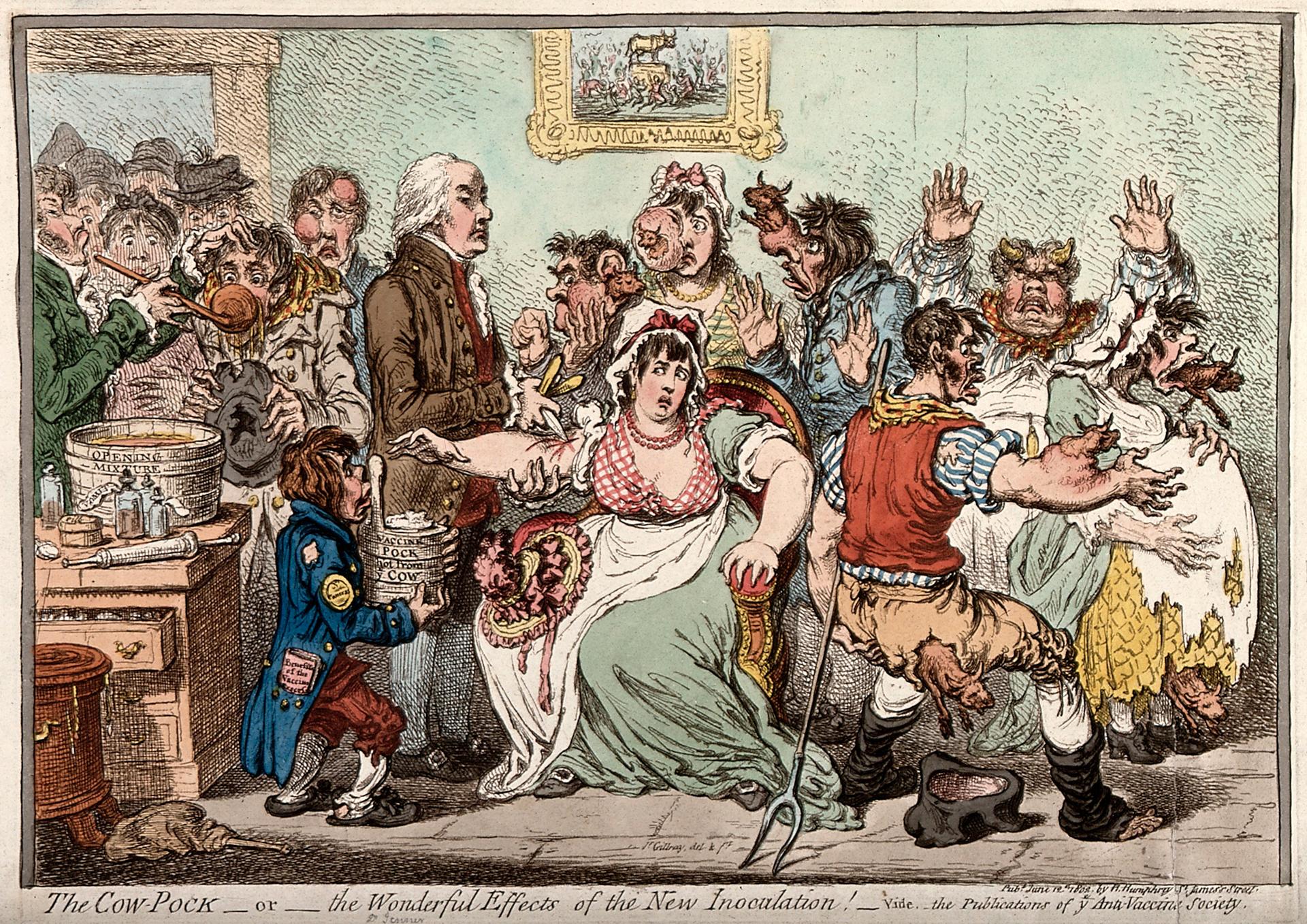 Caricature of Edward Jenner inoculating patients in the Smallpox and Inoculation Hospital at St. Pancras.