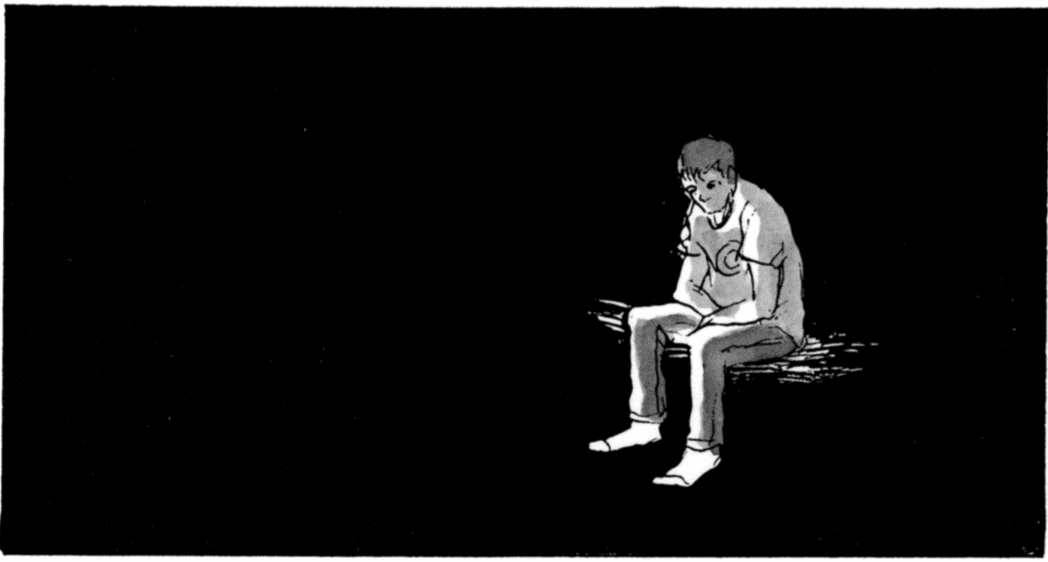A comic of a sitting man with a black background