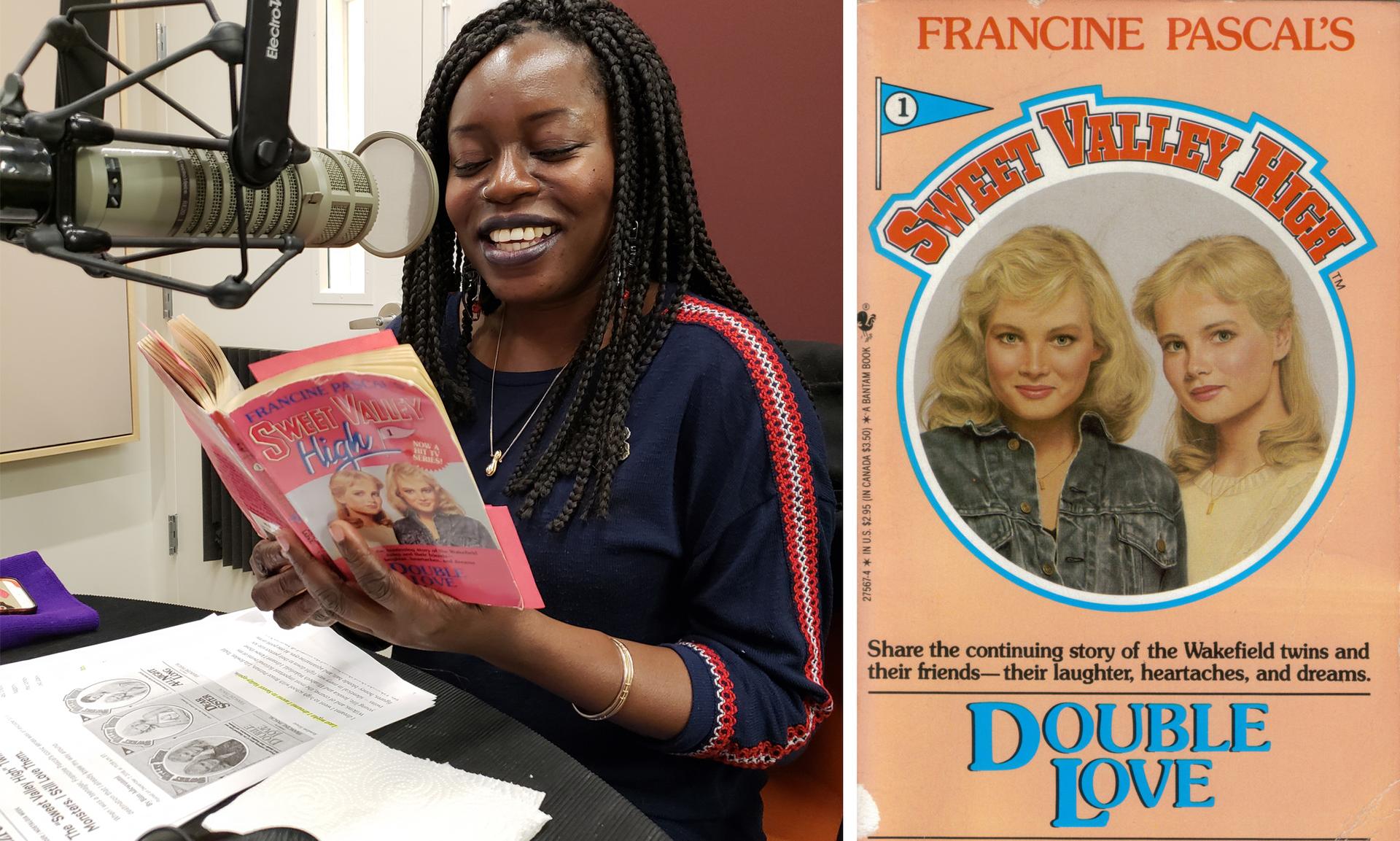 Bim Adewunmi reads from a “Sweet Valley” book in the Studio 360 studios; the first “Sweet Valley High” book, by Francine Pascal.