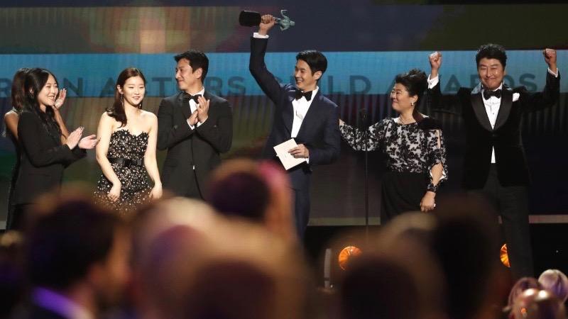 The cast of "Parasite" accepts the award for Outstanding Performance by a Cast in a Motion Picture during the 26th Screen Actors Guild Awards in Los Angeles,  Jan. 19, 2020.  