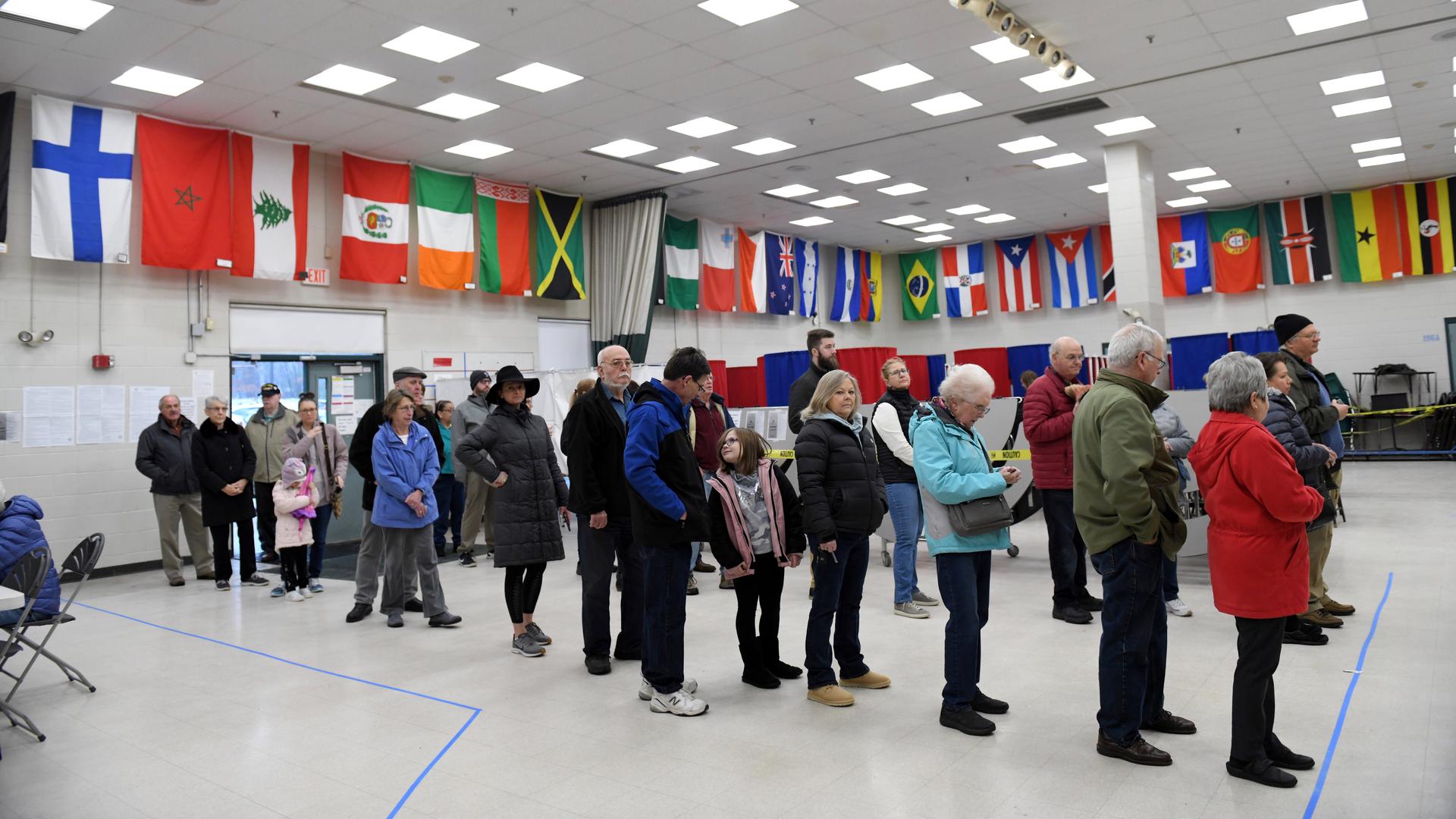 Voters wait in line to cast their votes at the Bicentennial Elementary School in New Hampshire's first-in-the-nation US presidential primary election in Nashua, New Hampshire, Feb. 11, 2020. 