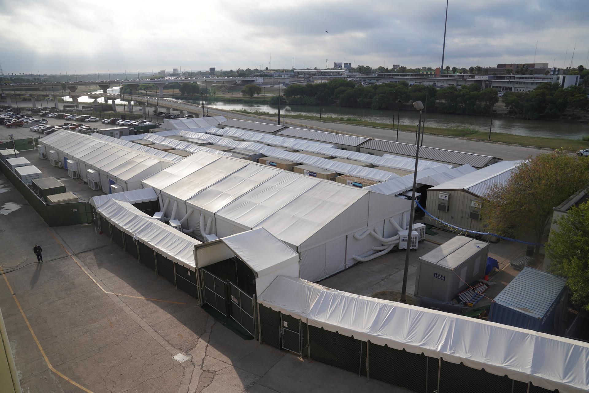 Soft-sided immigration court tents as seen in Laredo, Texas, October 9, 2019.