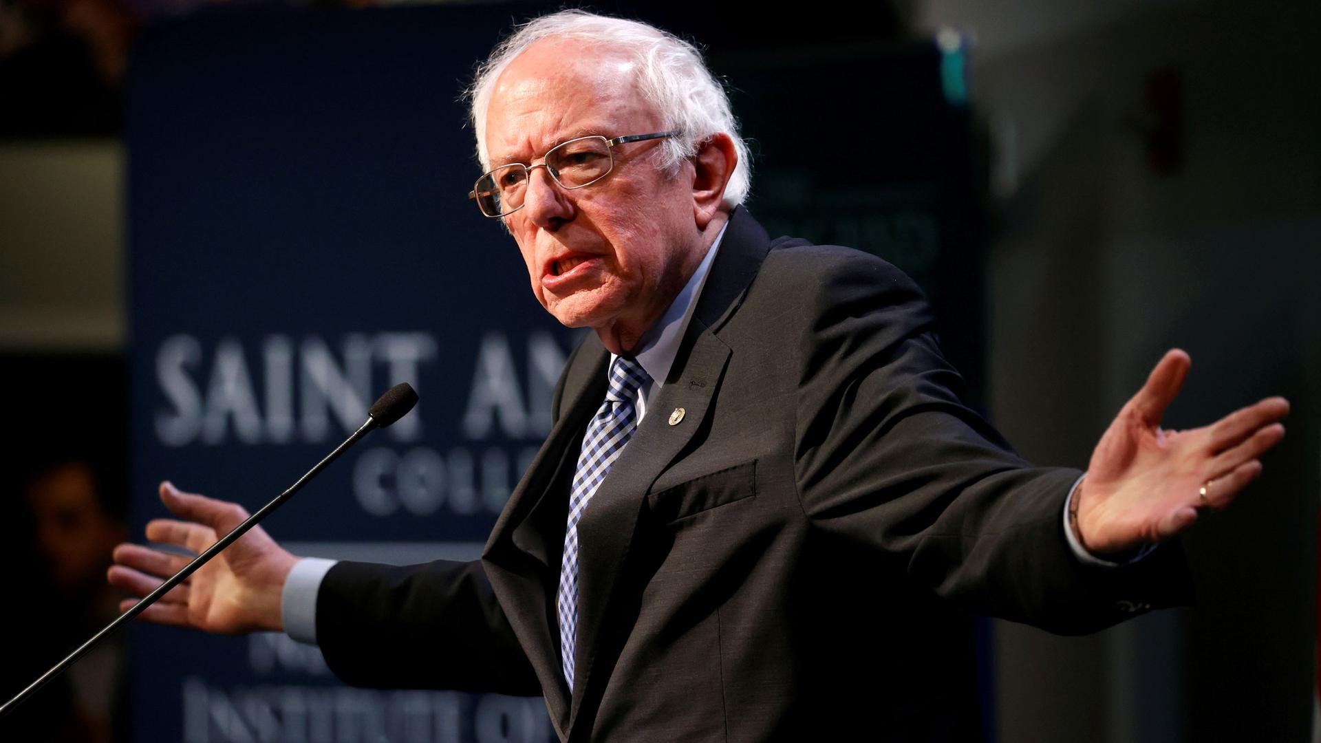 Dem. US presidential candidate Sen. Bernie Sanders speaks at the Politics and Eggs event at the New Hampshire Institute of Politics at Saint Anselm College in Manchester. 