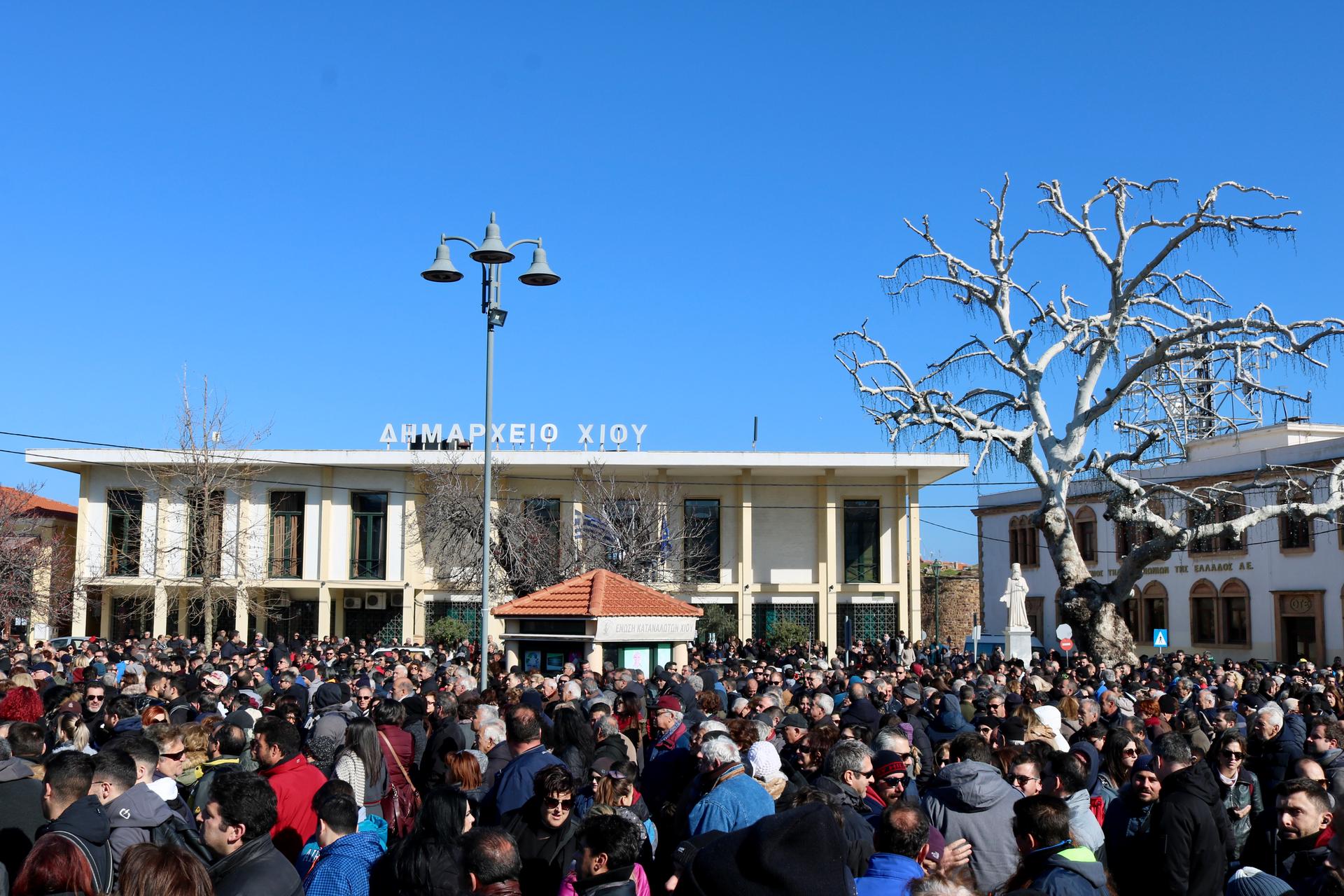 Residents of Chios gather in the town square on on Jan. 22, 2020 ,in protest to the planned construction of closed migrant detention camps on the island.