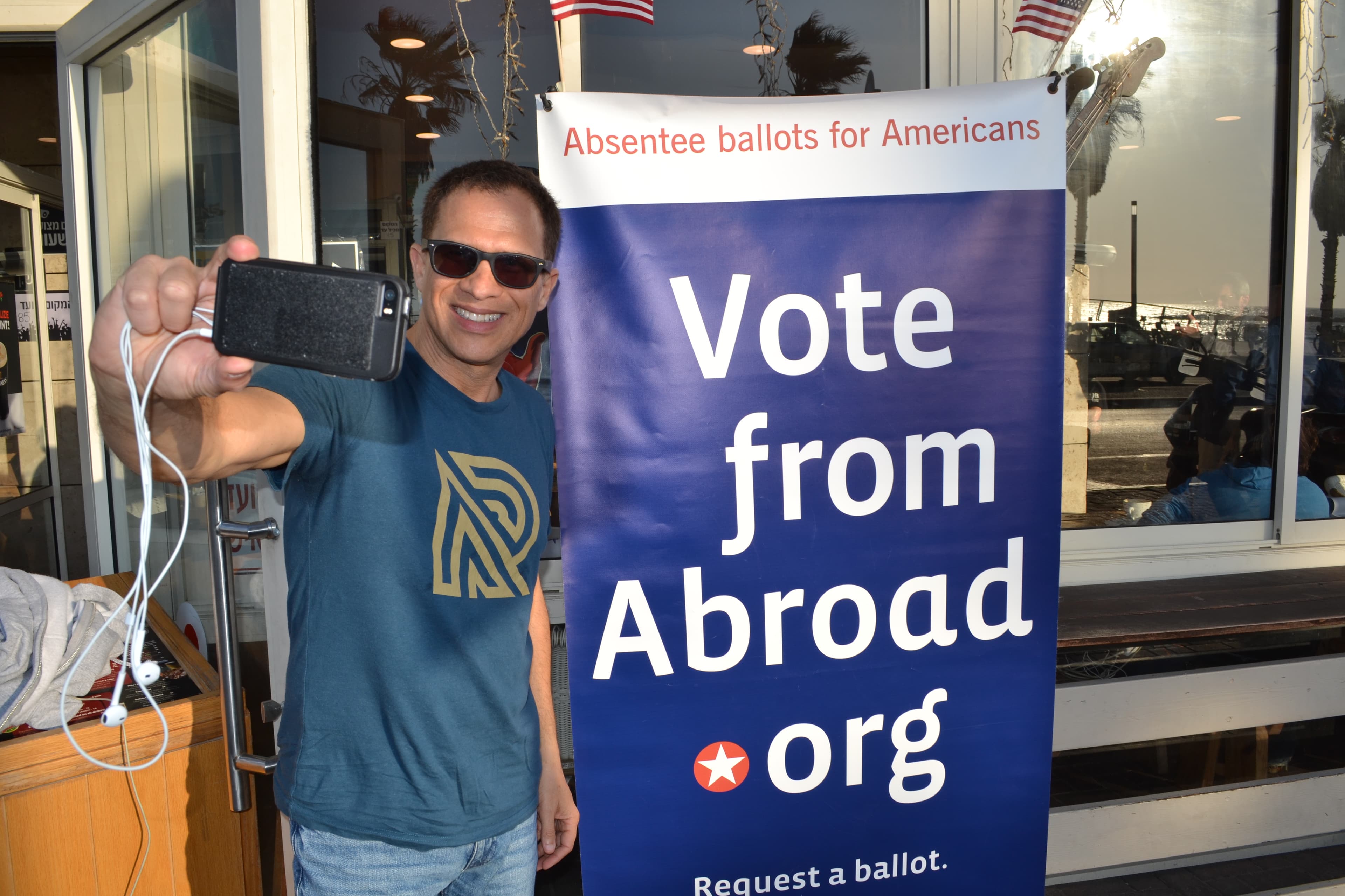 Larry Luxner takes a selfie after voting at the Democrats Abroad Israel event in Tel Aviv, Israel.