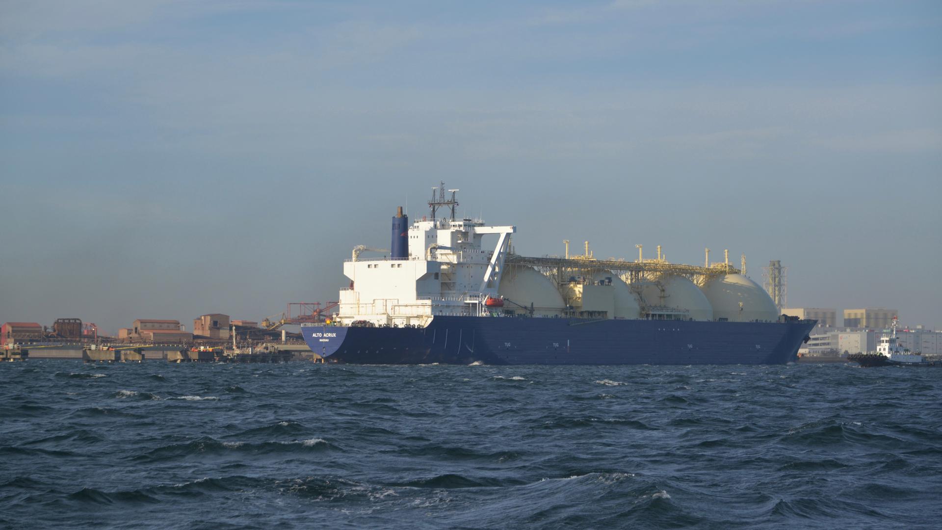 An LNG tanker unloads its cargo at the Port of Yokohama, Japan.