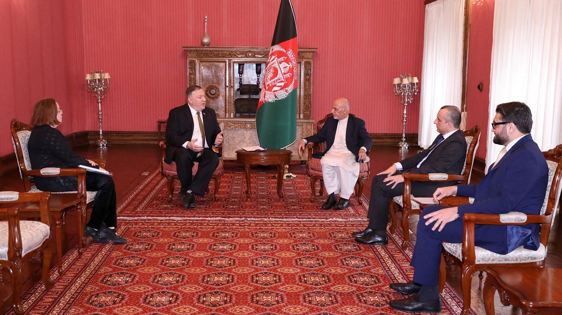 Afghanistan's President Ashraf Ghani meets with US Secretary of State Mike Pompeo in Kabul, Afghanistan, March 23, 2020. 