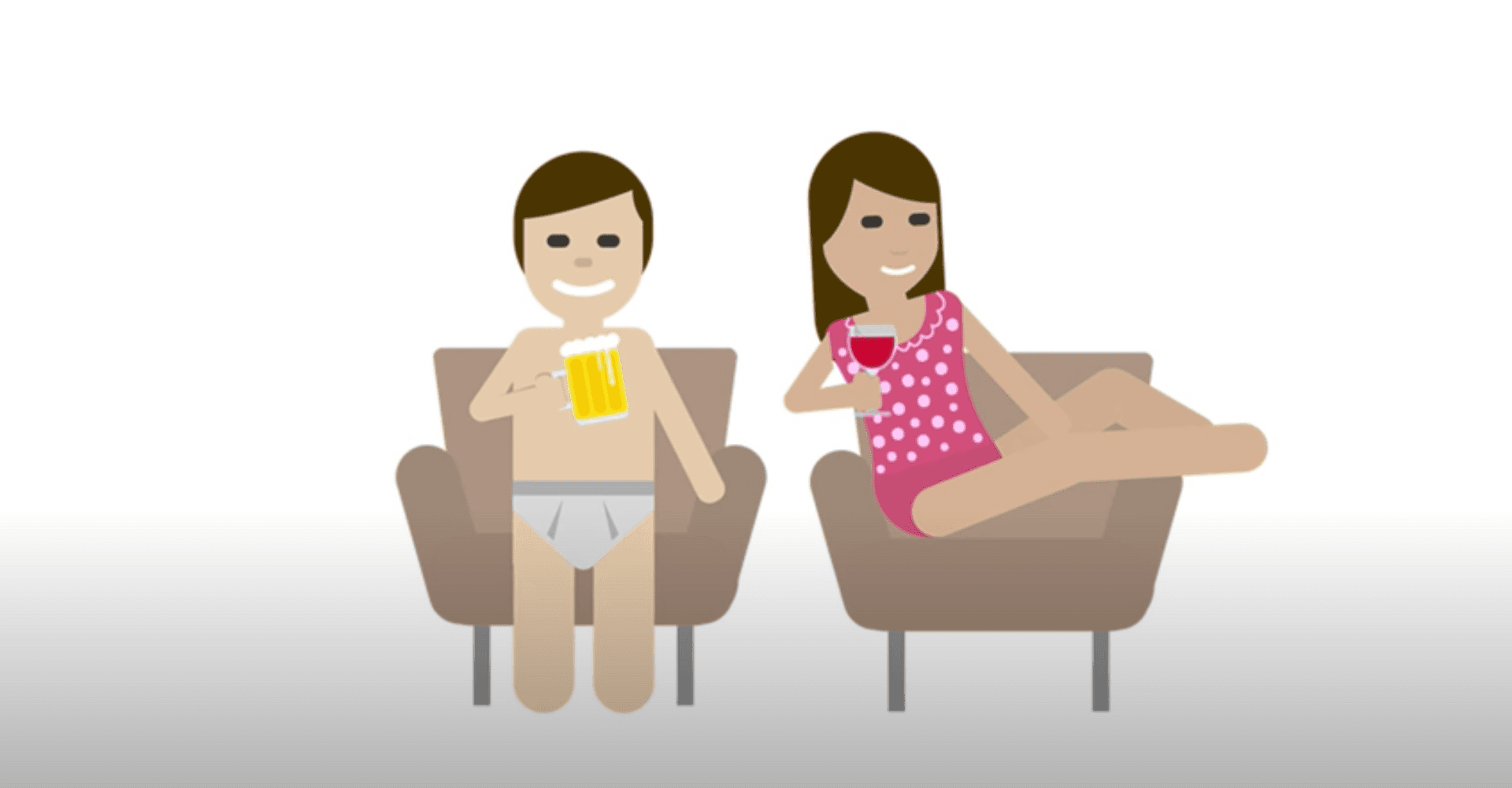 emojis of a man and a woman in their underwear having a drink.