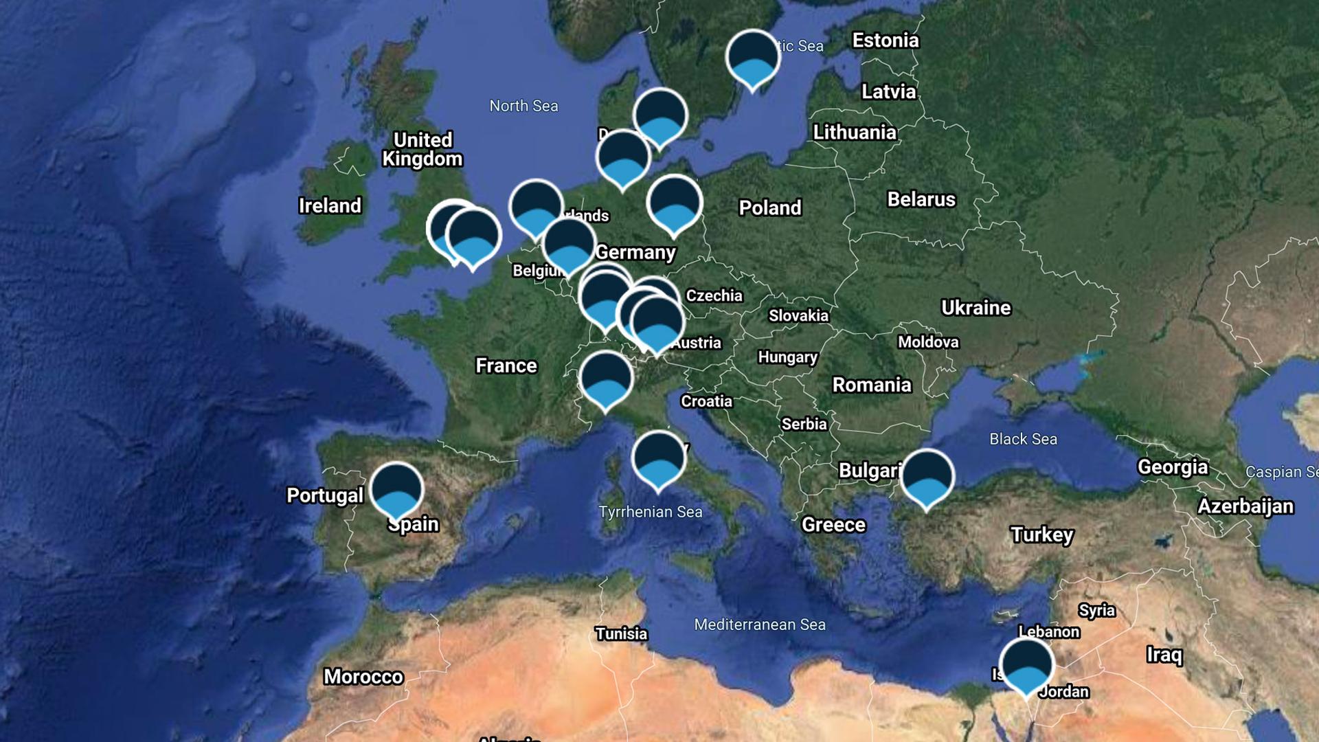 A map of Europe and North Africa with blue pins designating where recordings.