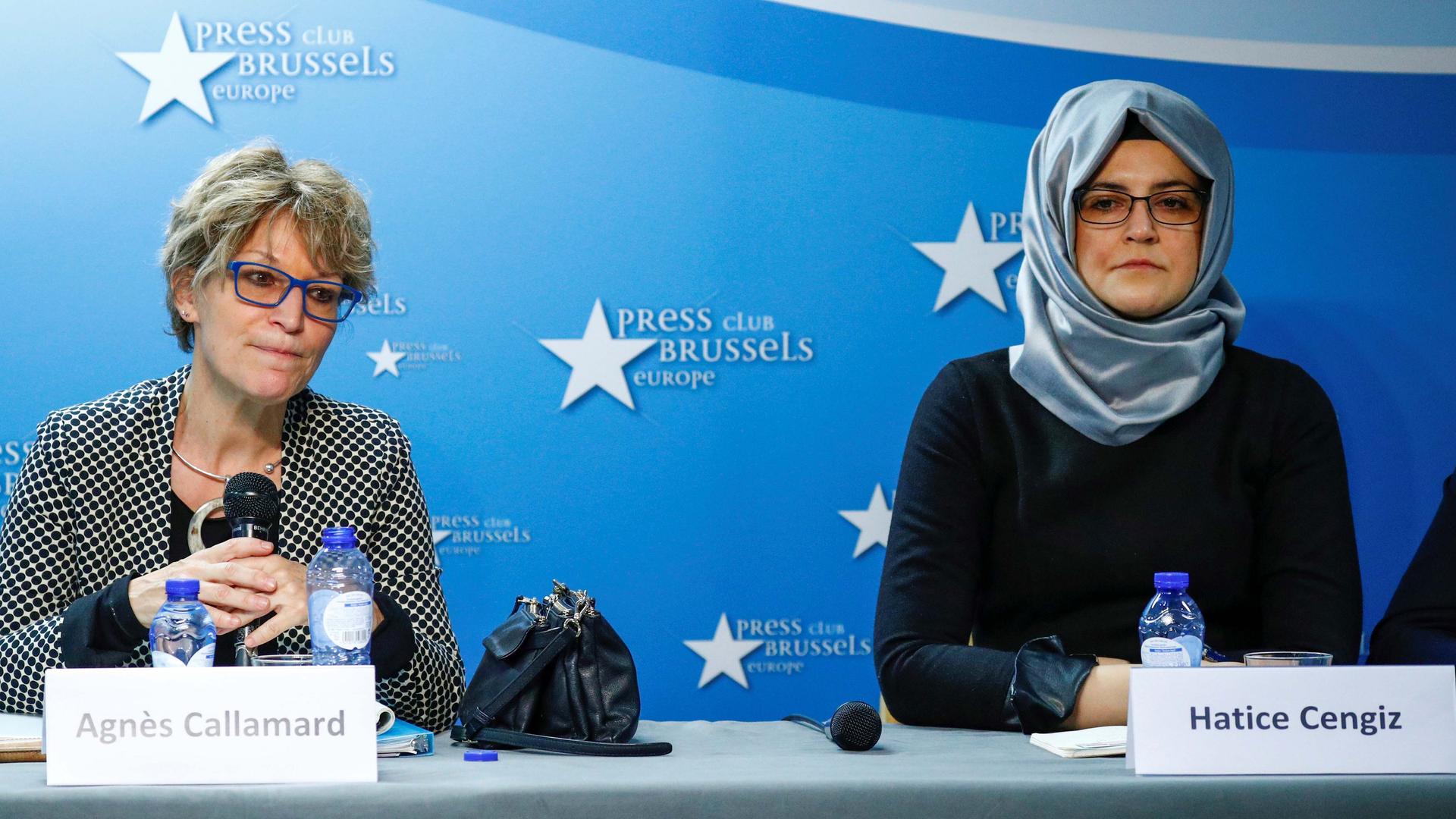 Agnès Callamard, U.N. special rapporteur on extrajudicial, summary or arbitrary executions, and Hatice Cengiz, the fiancee of murdered journalist Jamal Khashoggi, hold a news conference in Brussels, Belgium, on Dec. 3, 2019.