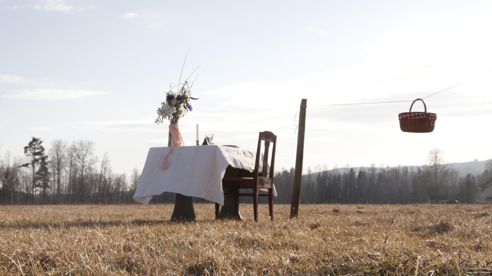 A table and chair in a meadow