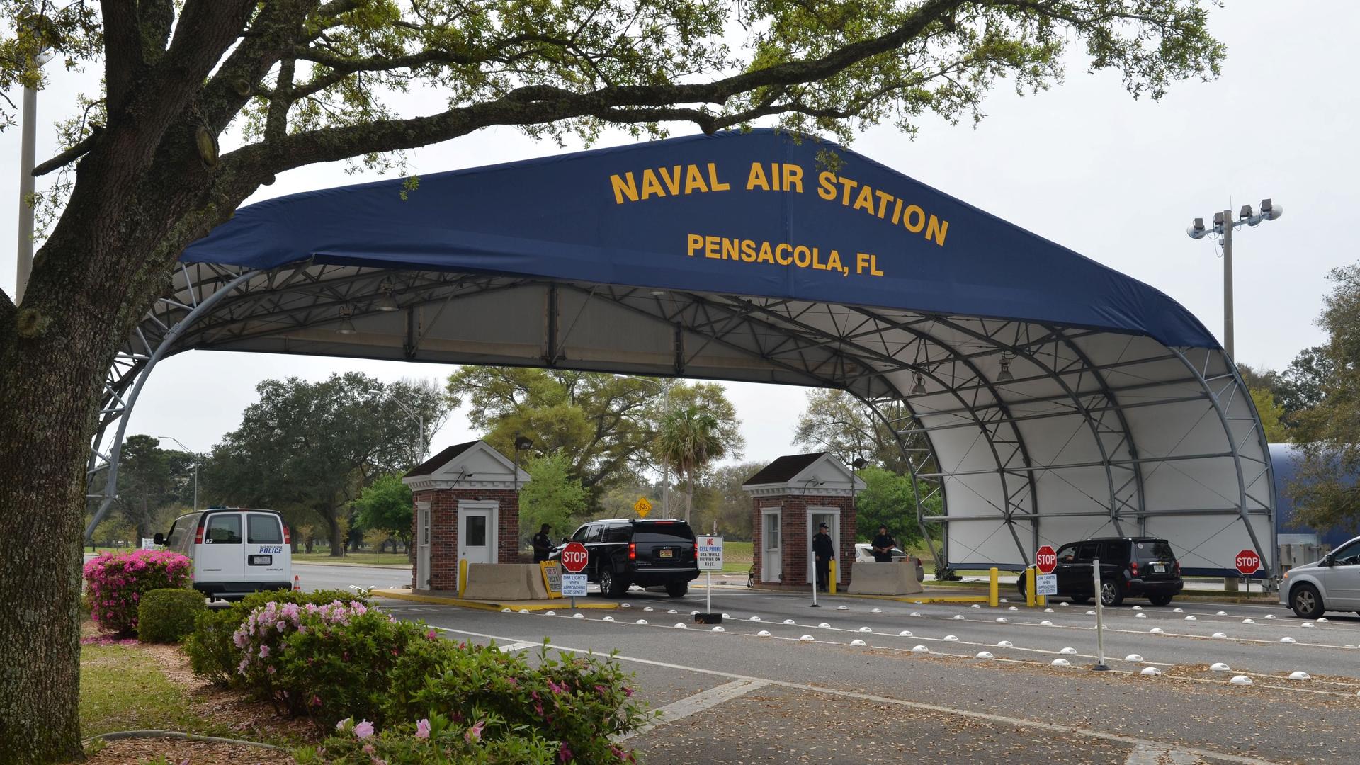 The main gate at Naval Air Station Pensacola is seen on Navy Boulevard in Pensacola, Florida, March 16, 2016. 