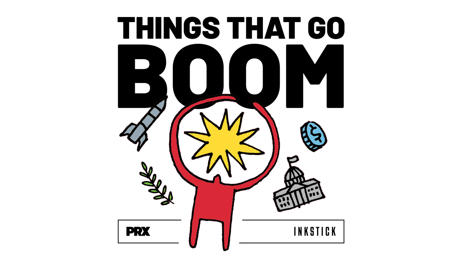 Things That Go Boom Season 3 logo with an illustration that includes a magnifying glass, a rocket, a coin, and the US Capitol building.