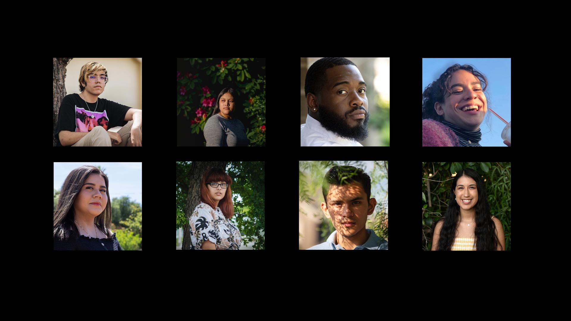 Una photo con el collage de 8 retratos de jovenes sobre un fondo negro.