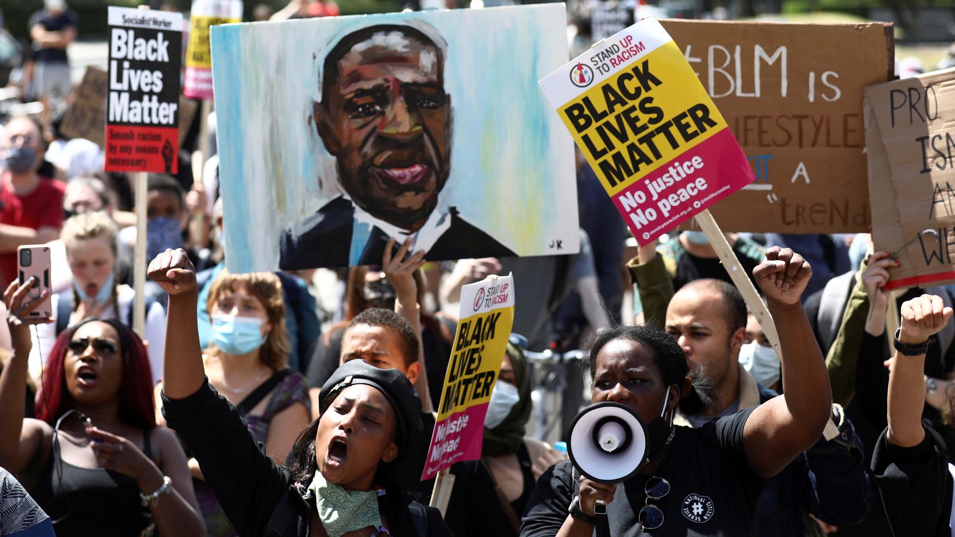 Demonstrators gesture and shout during a Black Lives Matter protest following the death of George Floyd in Minneapolis police custody, in London, Britain, June 13, 2020.