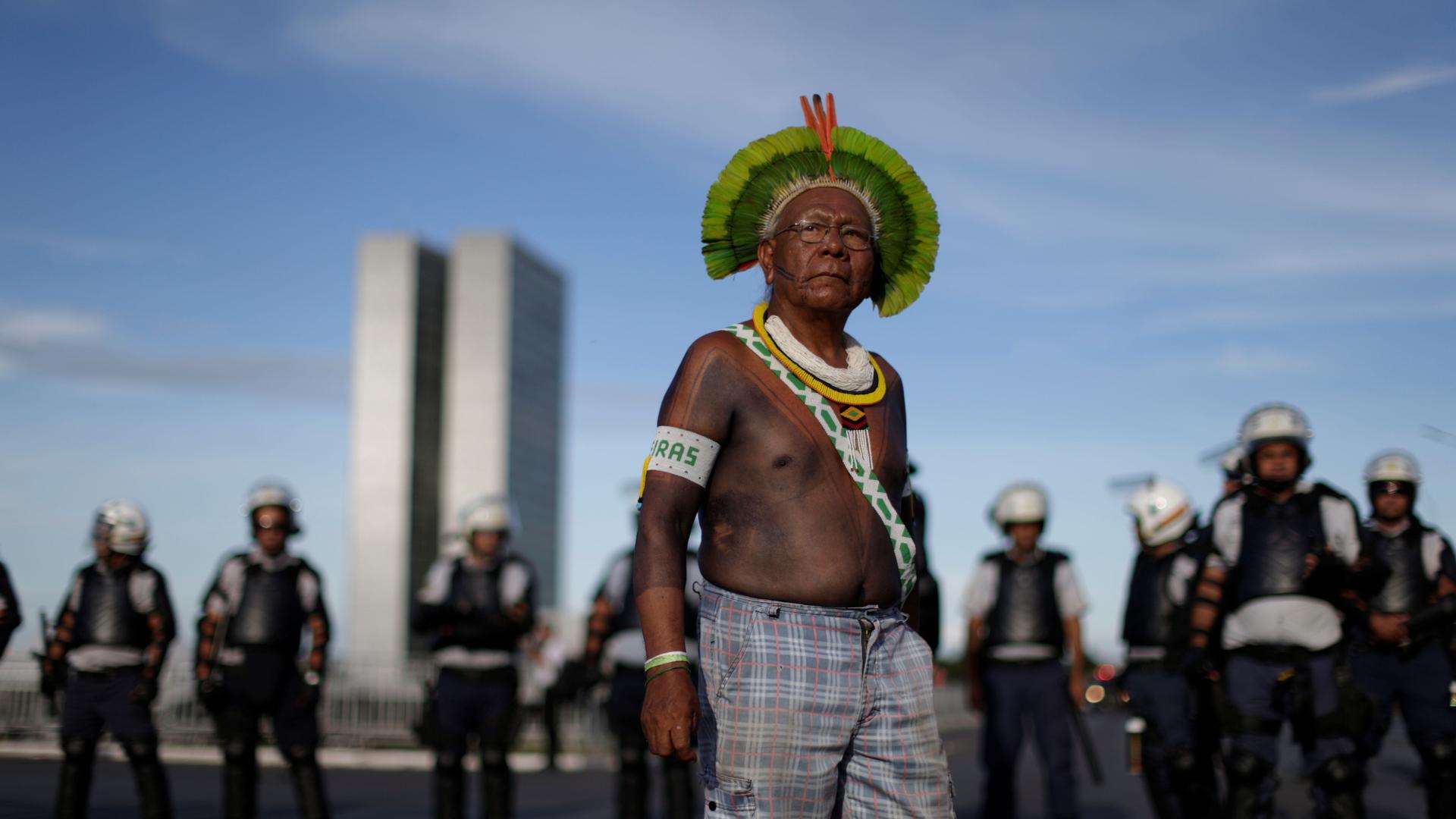 Indigenous leader Paulinho Paiakan takes part in an Occupy Funai protest that will shut down Funai offices throughout Brazil in Brasilia, July 13, 2016. 