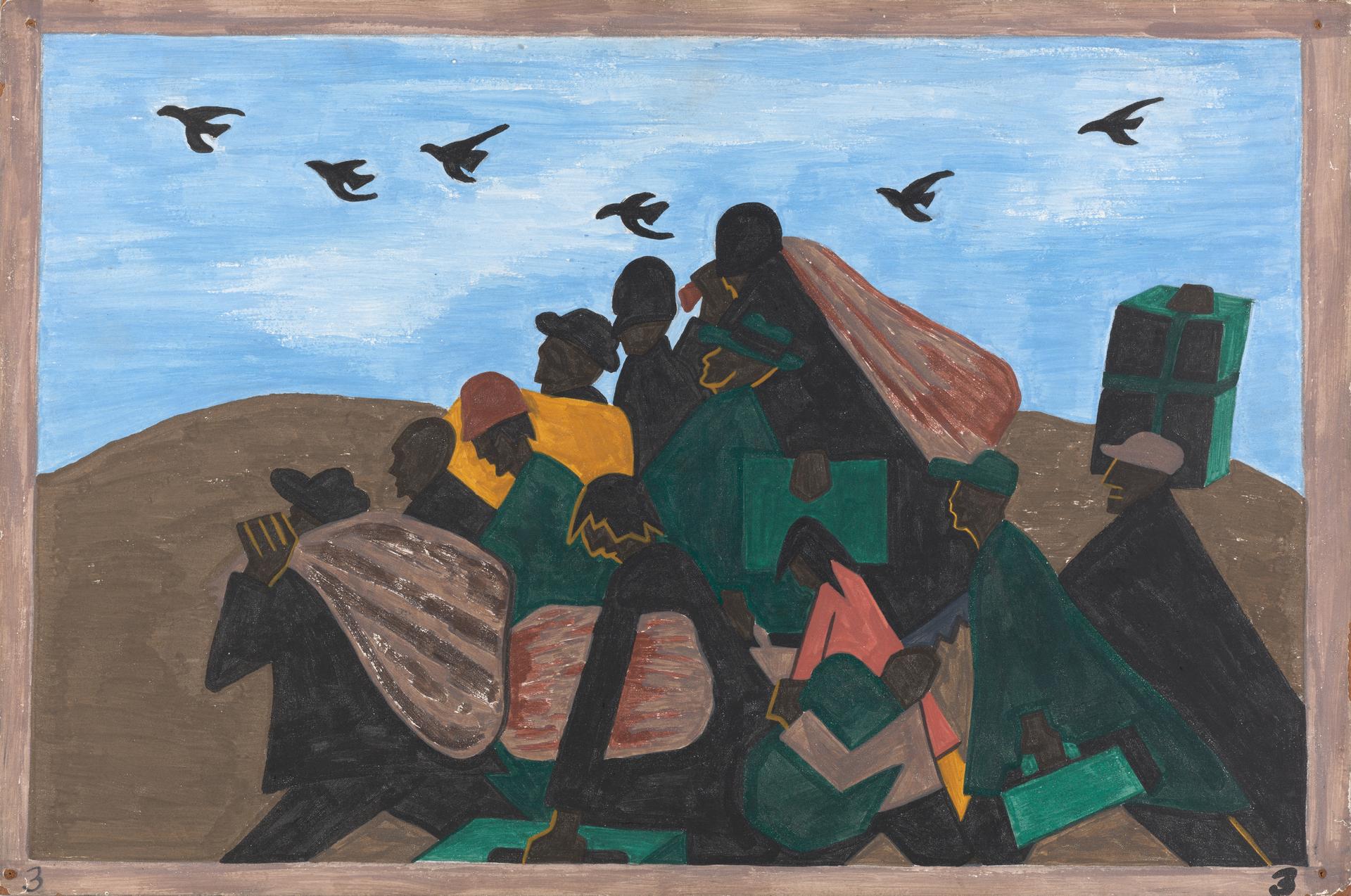 Jacob Lawrence, “The Migration Series, Panel no. 3: From every southern town migrants left by the hundreds to travel north.,” 1940–41. Casein tempera on hardboard, 12 x 18 in.