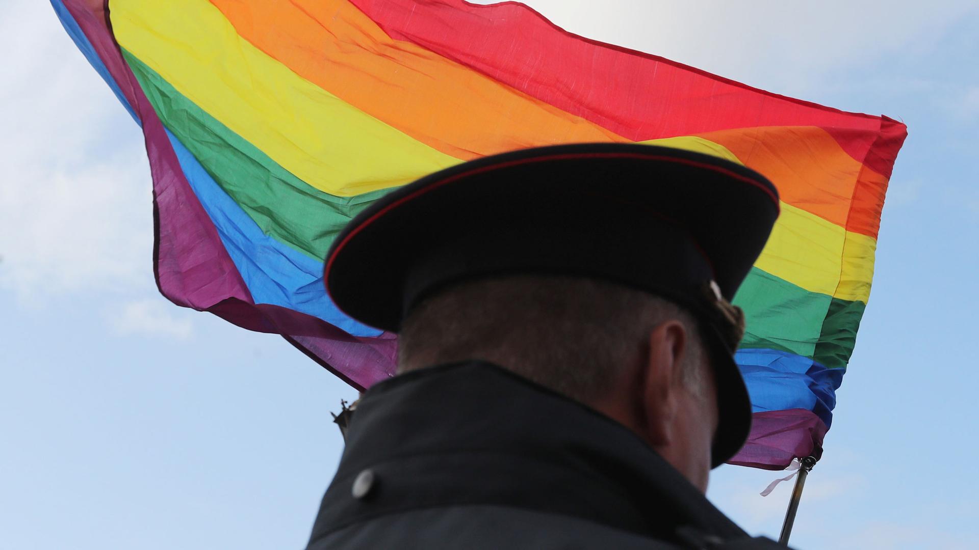 The back of a law enforcement officer's head is silhouetted against a Pride rainbow flag. 