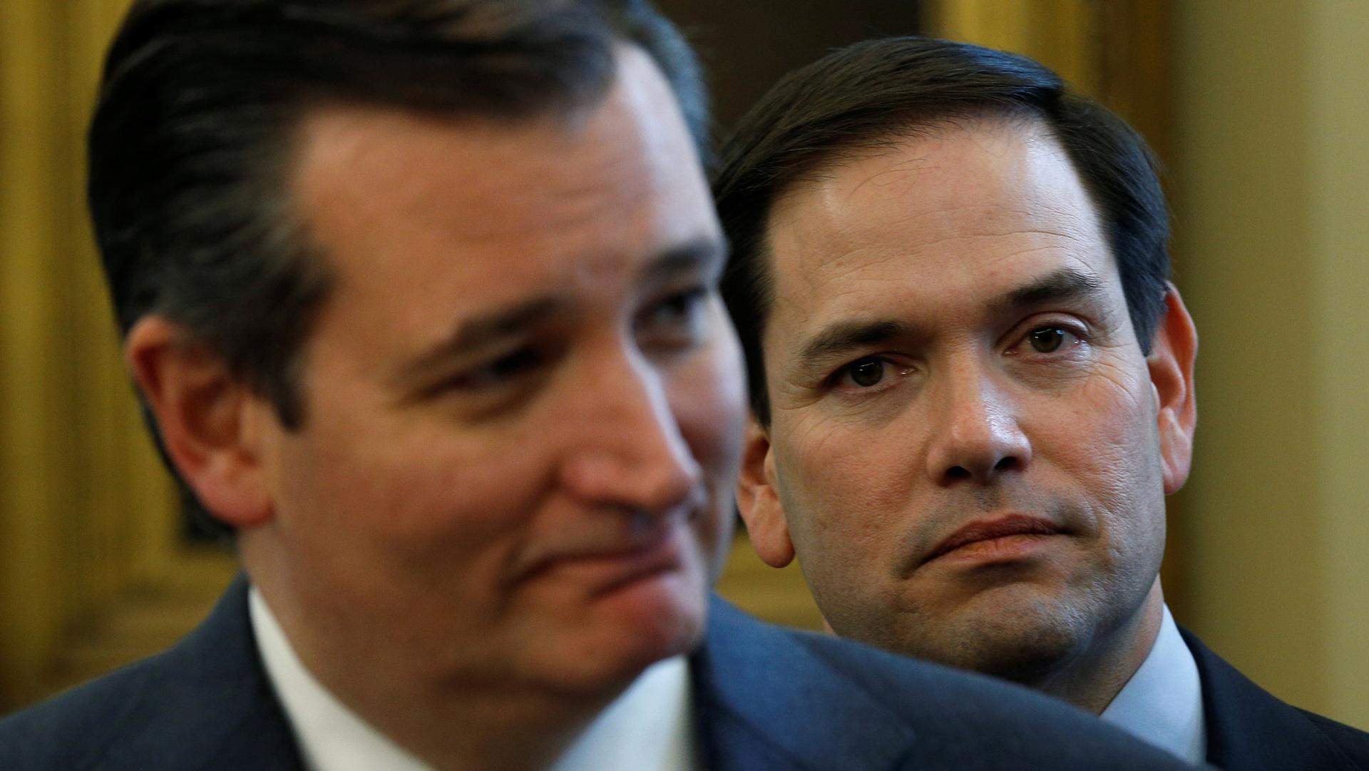US Senators Ted Cruz and Marco Rubio are shown standing near each other and wearing dark suits.