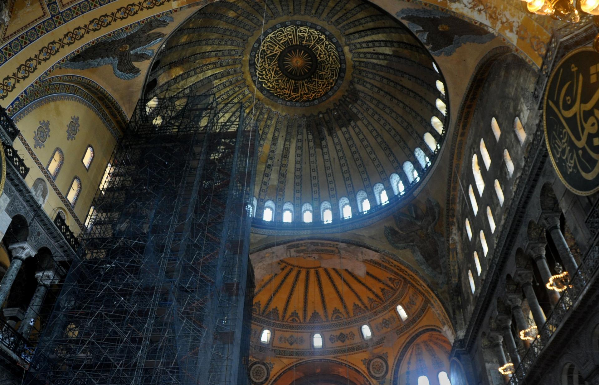 The majestic dome of the Haghia Sophia with scaffolding for repairs