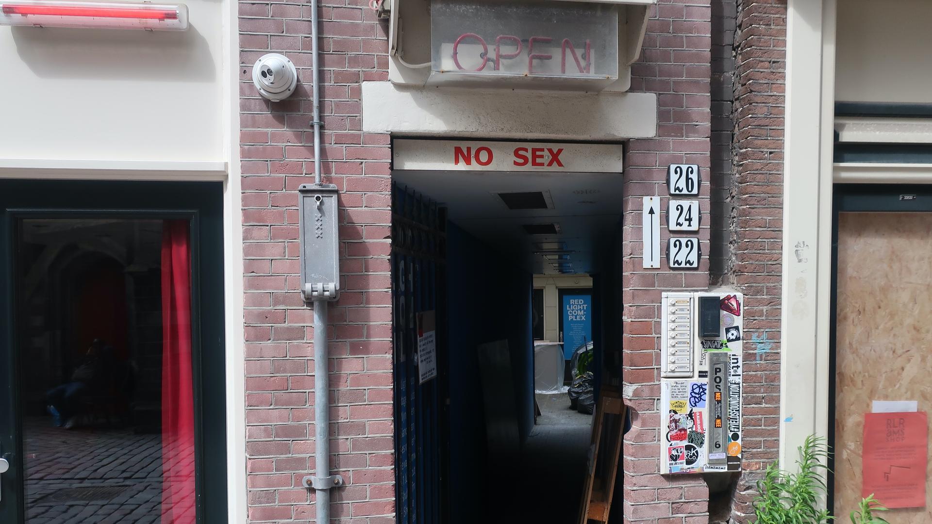 A sign reads "no sex" in the red-light district in Amsterdam. 