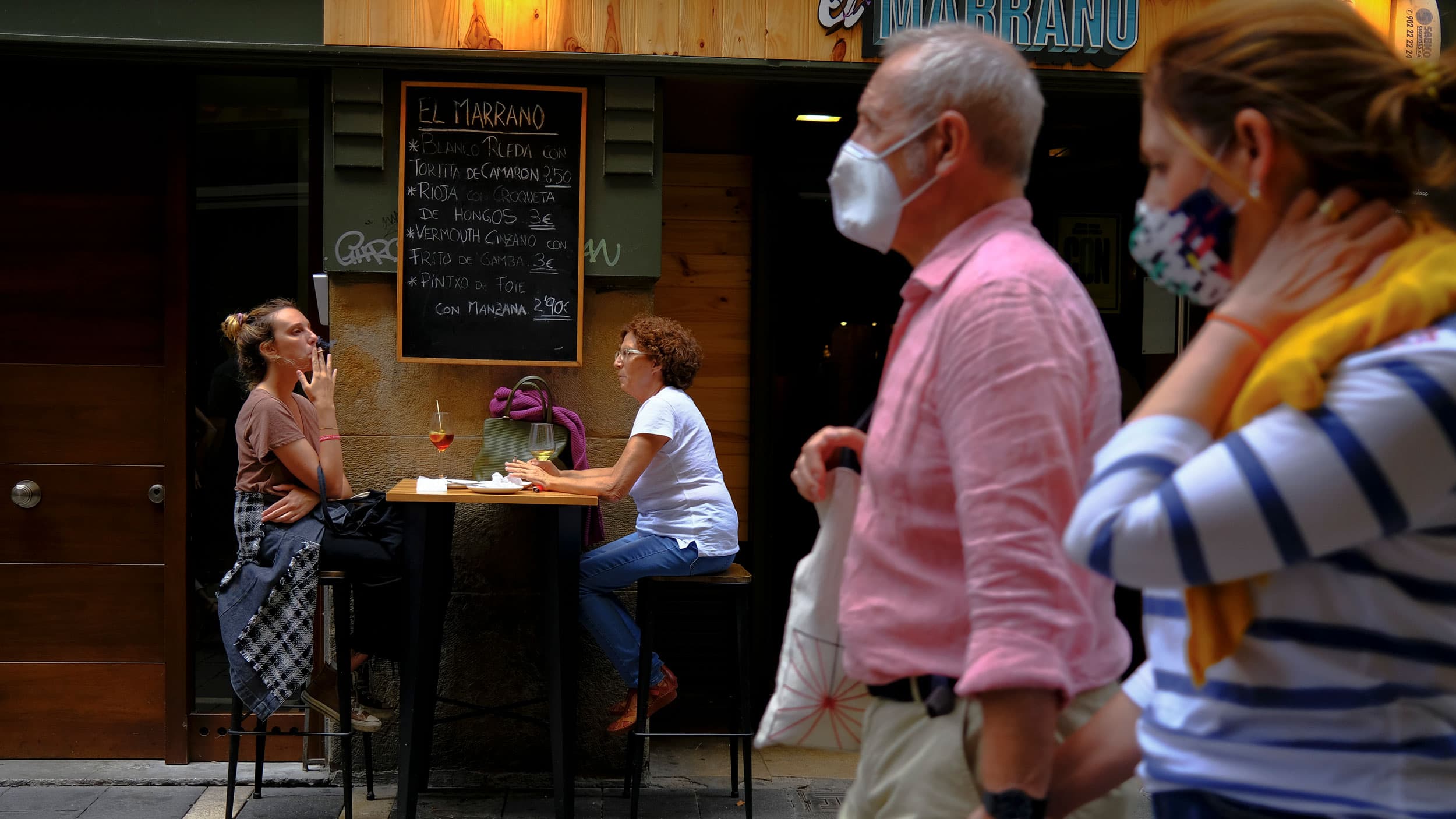 A couple is shown in soft focus walking and wearing face masks with two women shown in the distance sitting at a cafe table and one woman is smoking a cigarette.