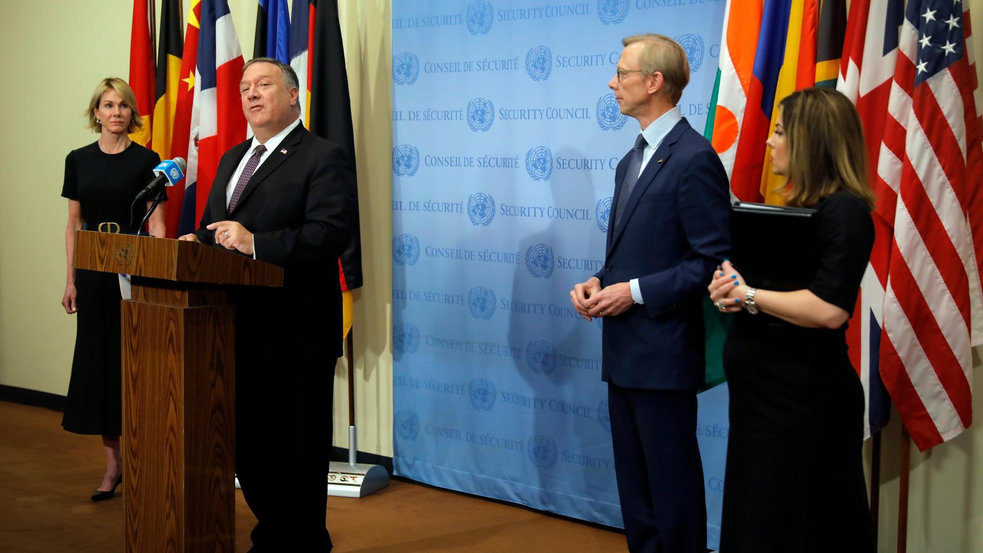 Secretary of State Mike Pompeo speaks to reporters following a meeting with members of the U.N. Security Council, Aug. 20, 2020.