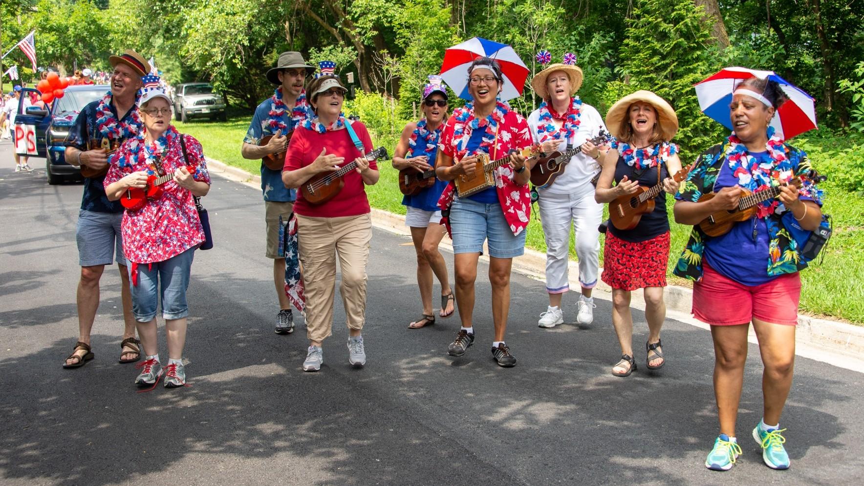 A Maryland-based ukulele marching band performs during a 2019 Fourth of July parade.