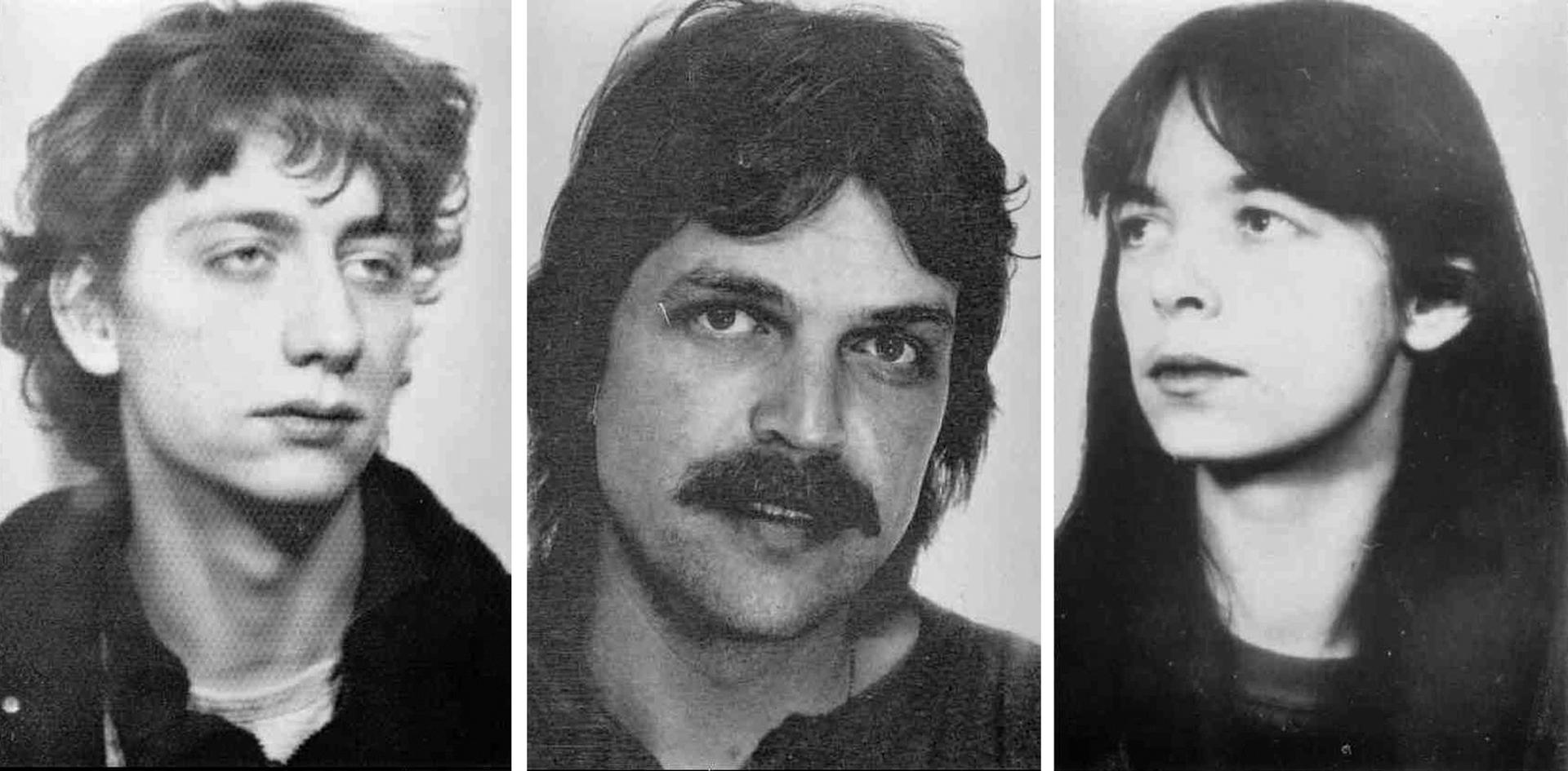 Three mug shots in black and white of suspected members of a terror group, RAF.