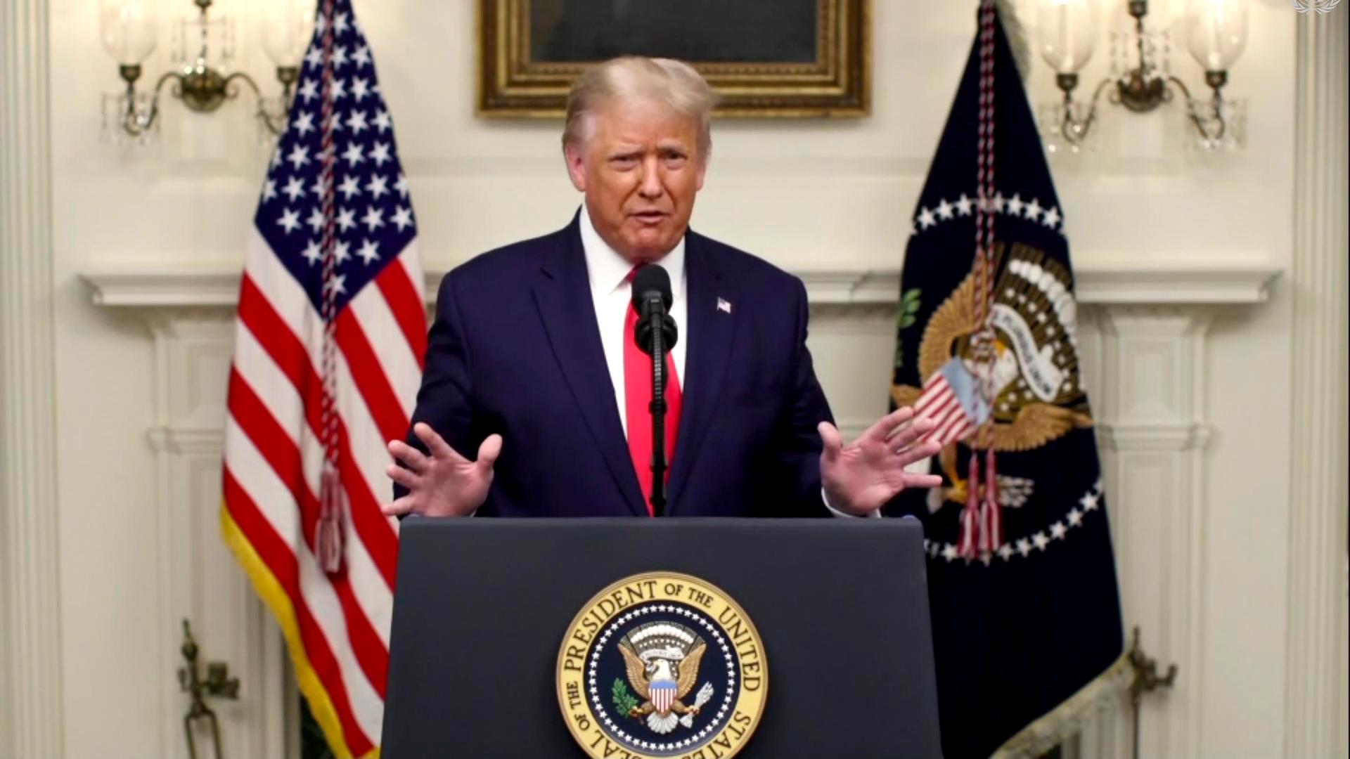 In this image made from UNTV video, US President Donald Trump speaks in a pre-recorded message which was played during the 75th session of the United Nations General Assembly, Sept. 22, 2020, at the United Nations headquarters in New York.