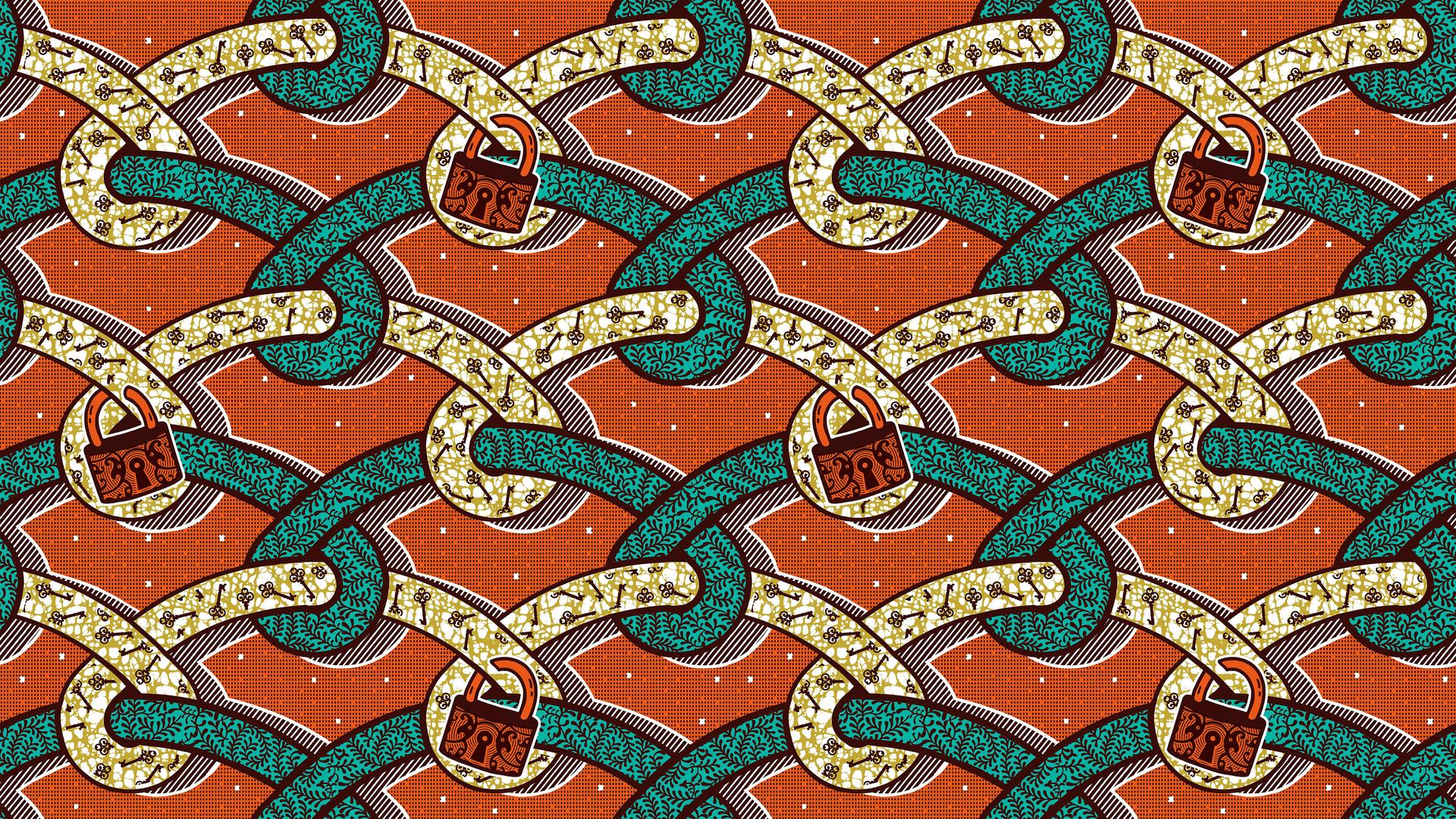 A padlock motif on fabric produced by Ghana Textiles Printing represents the lockdown in response to the coronavirus pandemic.