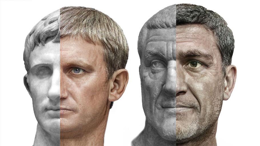 Artist Daniel Voshart's machine learning-assisted images of Roman emperors Augustus, left, and Maximinus Thrax, right.