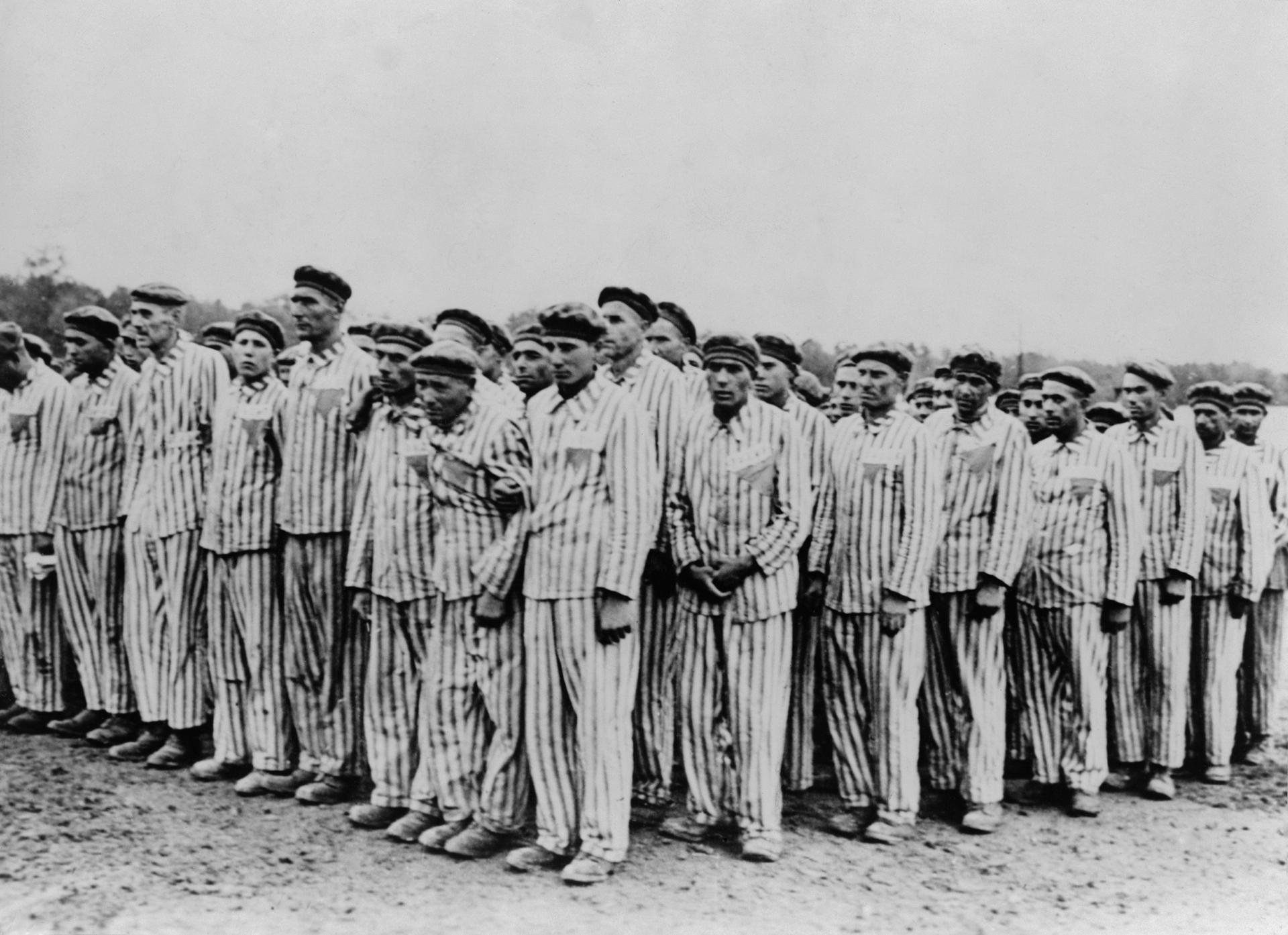 Black and white photo of prisoners at Buchenwald.