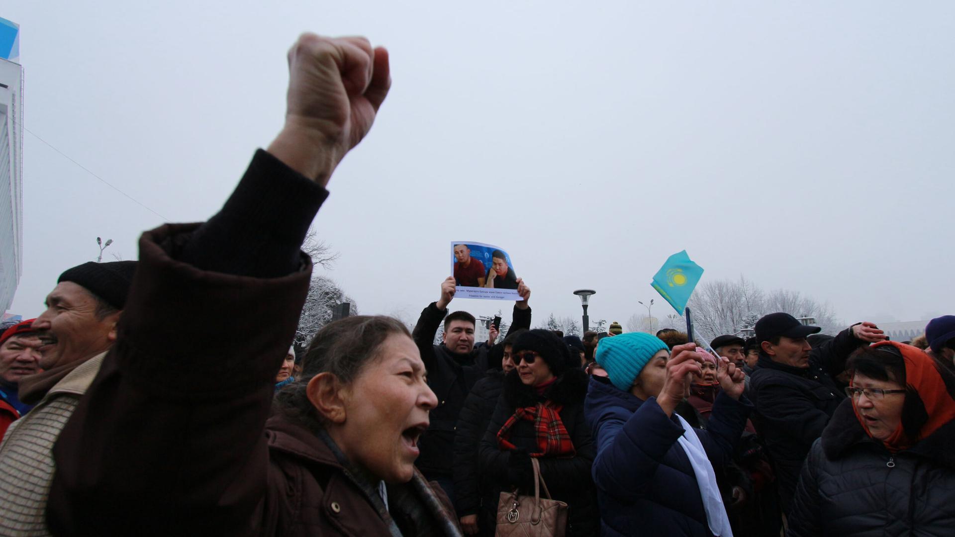 Kazakhs protest what they see as excessive expansion of Chinese influence in Kazakhstan, including new Silk Road investments, in Almaty, Kazakhstan, Dec. 2019. 