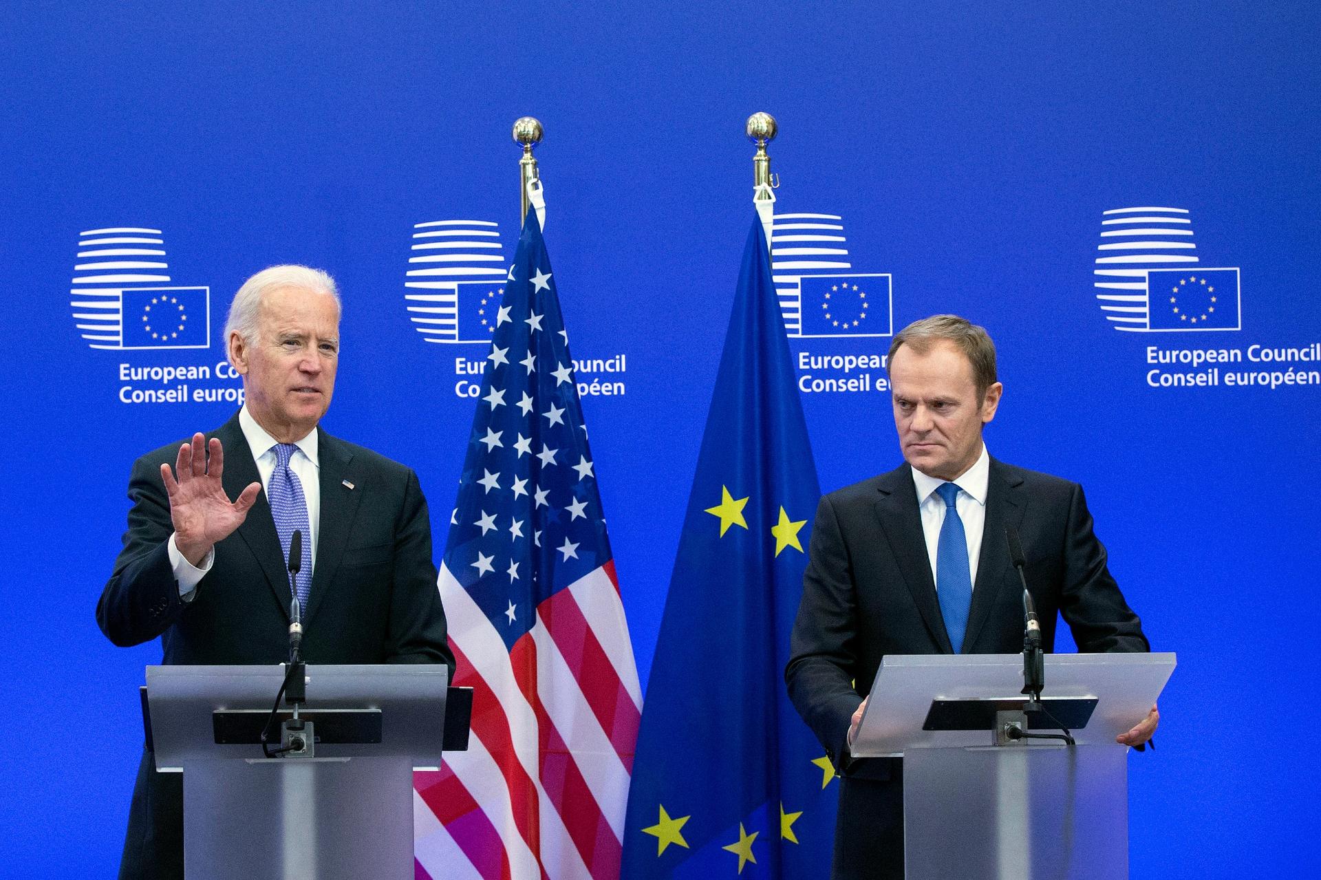 Former US Vice President Joe Biden holds a joint statement with European Council President Donald Tusk ahead of a meeting to discuss events in the Ukraine at EU Council headquarters in Brussels Feb. 6, 2015. 
