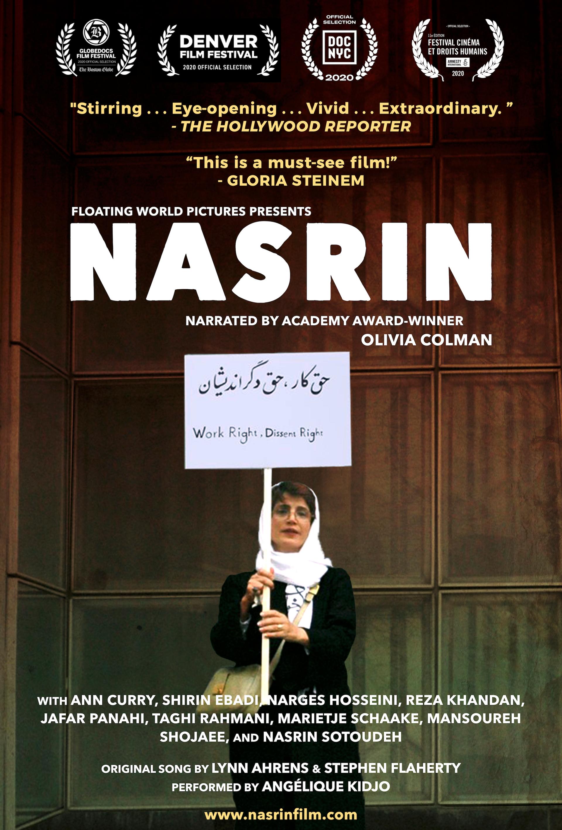 Nasrin Sotoudeh holds a protest sign in Tehran in a scene from the film 