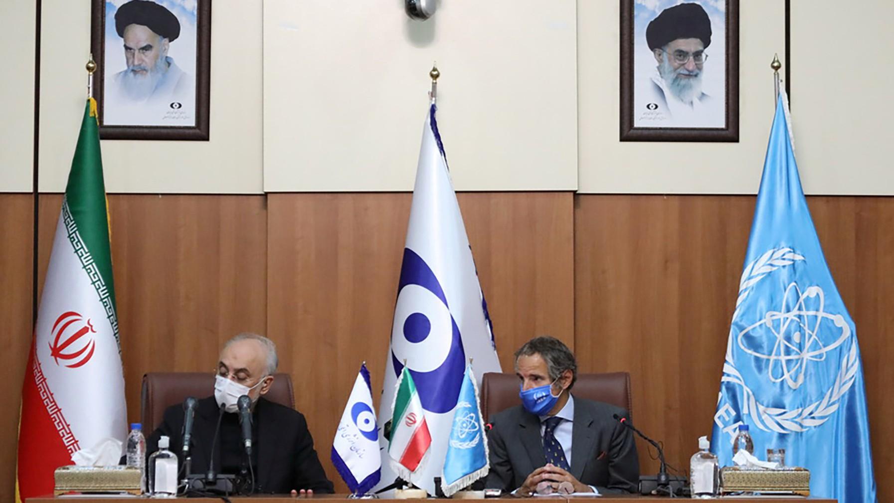 Head of Iran's Atomic Energy Organization Ali-Akbar Salehi and International Atomic Energy Agency (IAEA) Director General Rafael Grossi attend a press conference in Tehran, Iran, Aug. 25, 2020.