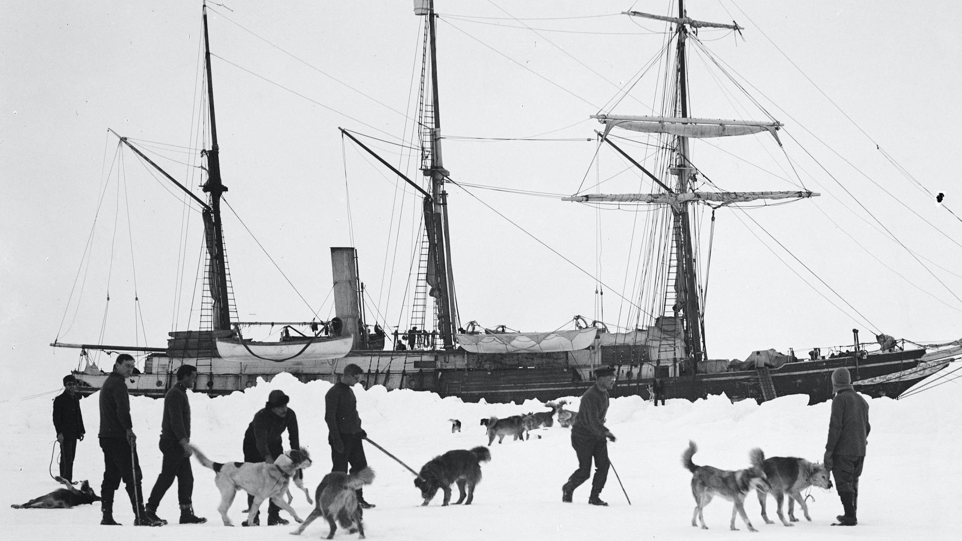 The Endurance, trapped in sea ice along the Weddell Sea. 