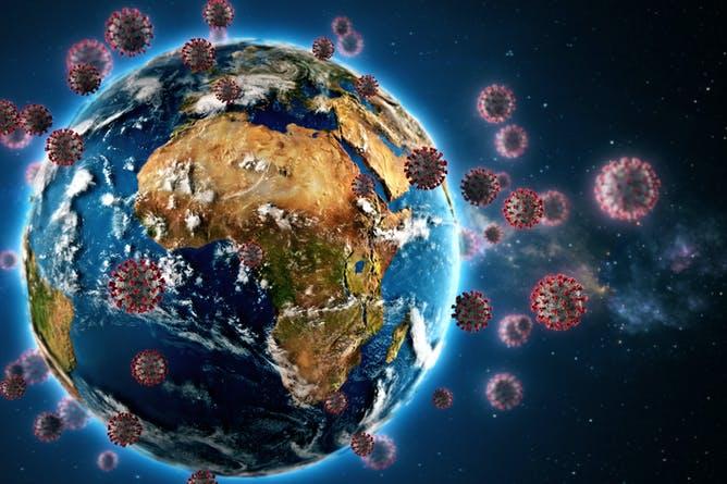 An animation of Earth and COVID-19 viruses flying around the planet. 