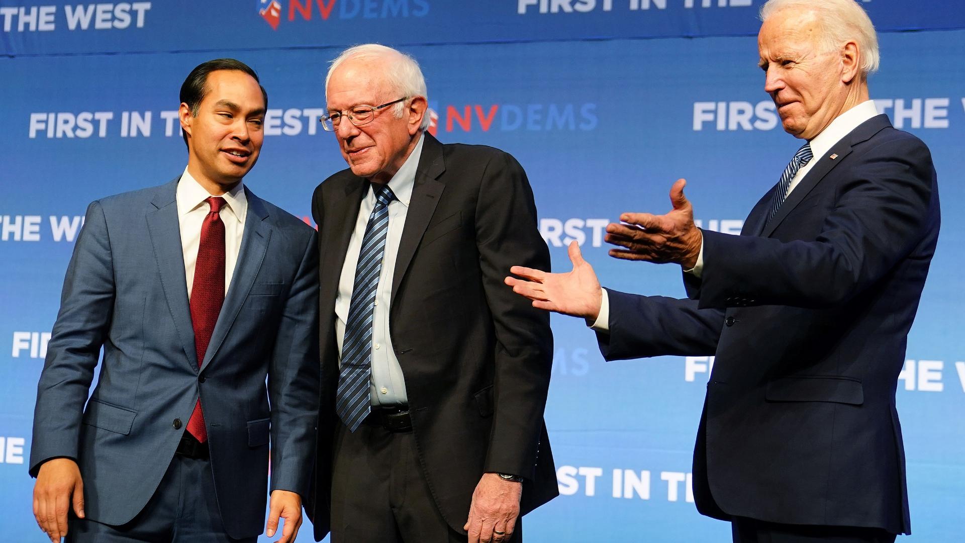 In this file photo, Democratic US presidential candidates Julian Castro, Bernie Sanders and Joe Biden are pictured on stage at a First in the West Event at the Bellagio Hotel in Las Vegas, Nevada, Nov. 17, 2019.