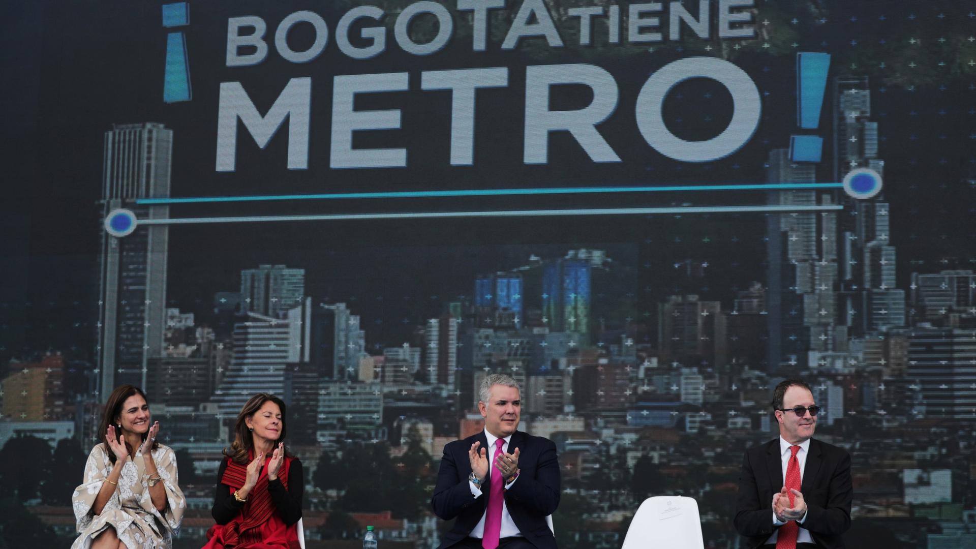 Colombia's President Iván Duque, reacts during the presentation of the award of the contract for the construction of the Bogotá subway, Oct. 17, 2019.